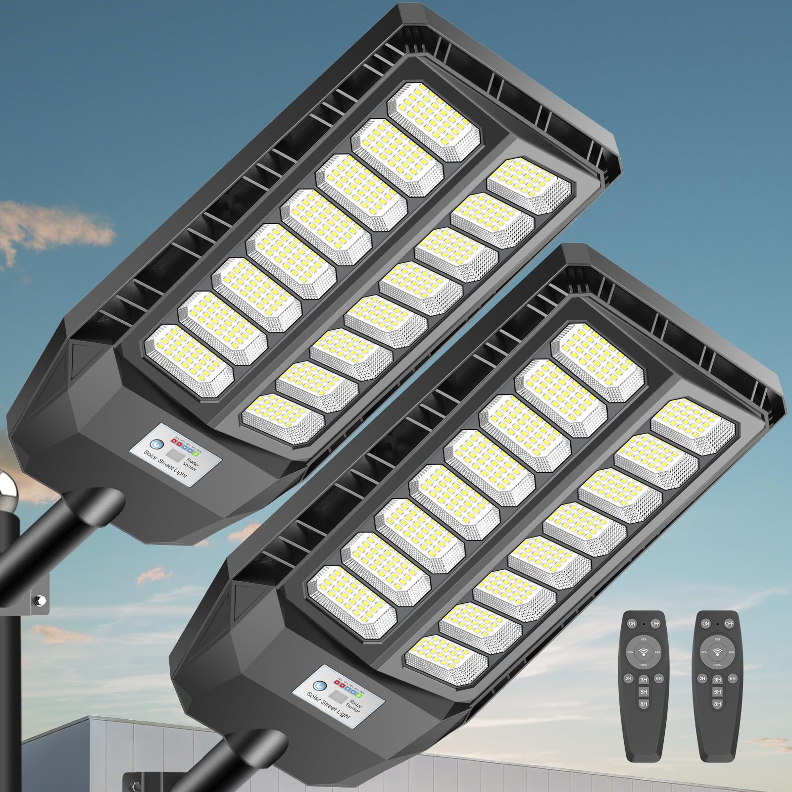 VOOJOY Solar Street Lights Outdoor, 8000W Dusk to Dawn, Waterproof, Motion Sensor, Remote Control, 6500K, Black, 2 Pack, Model GSTJ1600