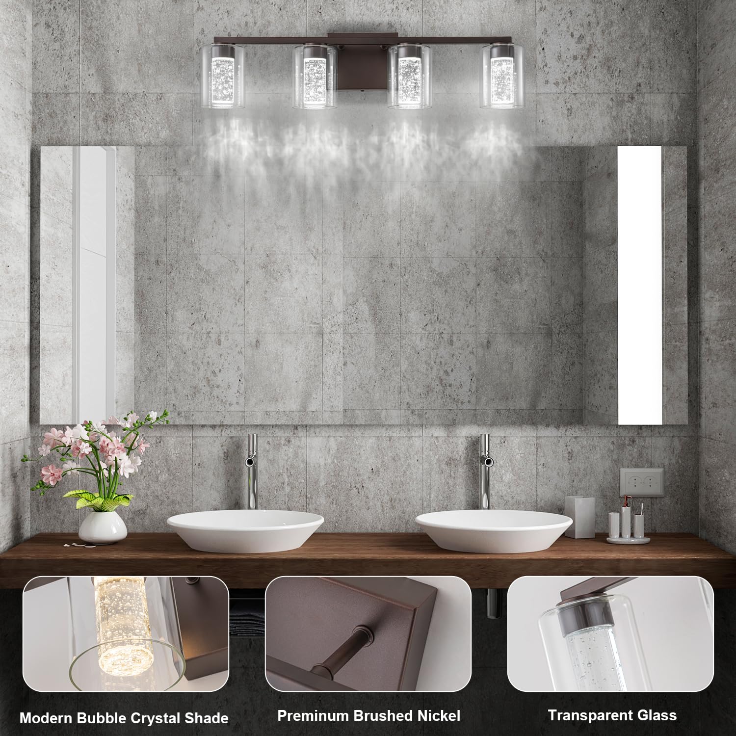 Sinerise 4-Light Bronze Vanity Light With 3 Color Modes (3000K/4000K/6000K), Eye Protection Led Bathroom Light Fixture, Dimmable