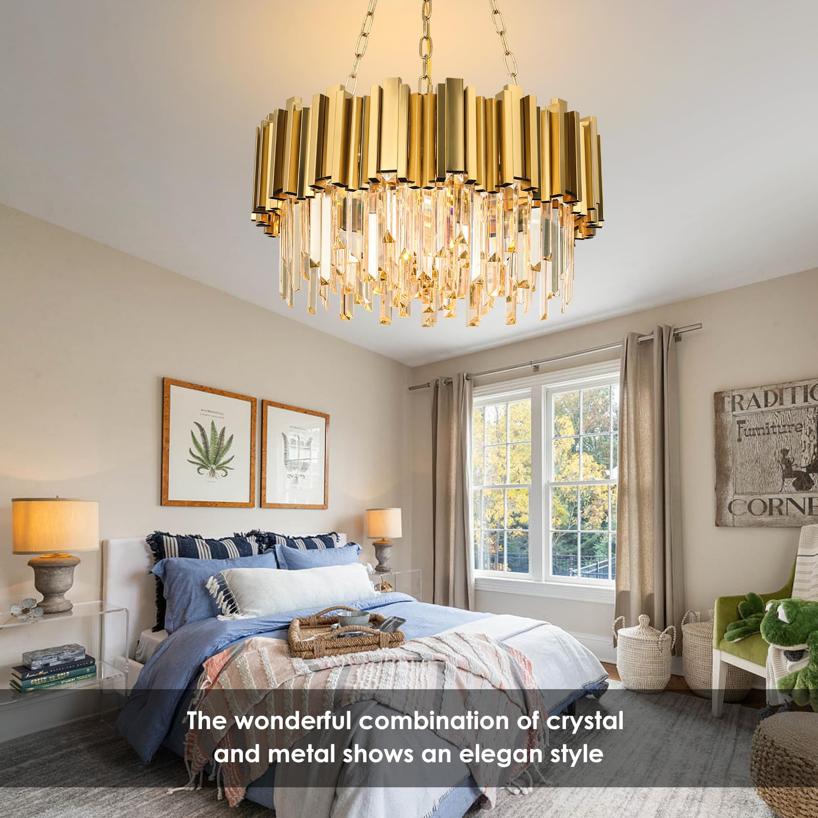 AKDXIRUN Modern Crystal Chandelier 9 Lights W22in Gold Metal Pendant Light Fixture for Dining Room, Living Room, Bedroom