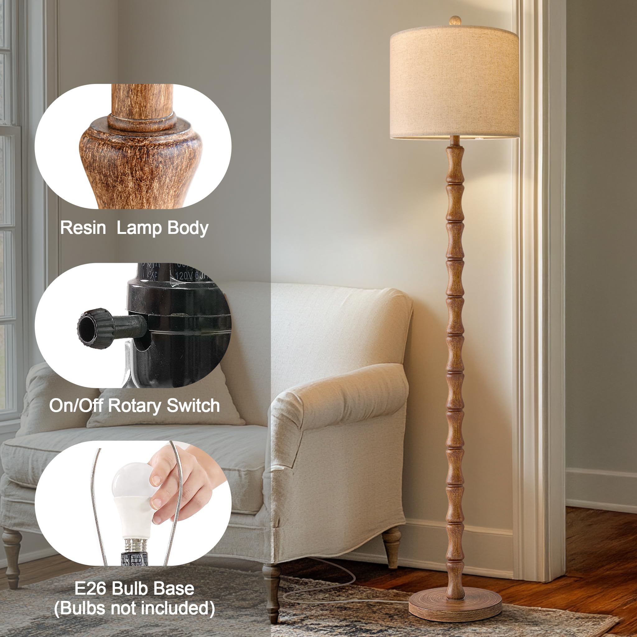 BOBOMOMO Rustic Floor Lamp 62" Light Walnut Resin, Retro Farmhouse Style, Model AMZ-F1241AT