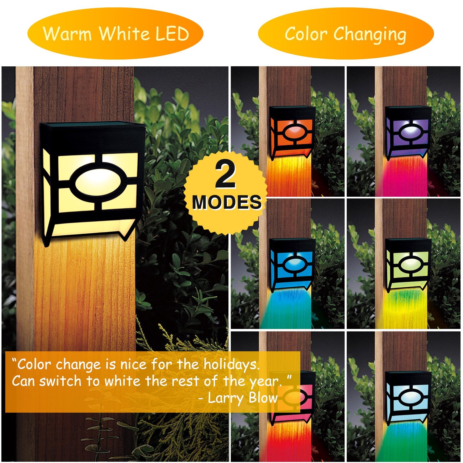 Greluna Solar Wall Lights - 8 Pack Waterproof LED, Warm White/Color Changing, Model H-025F for Deck, Patio, Fence, and Yard