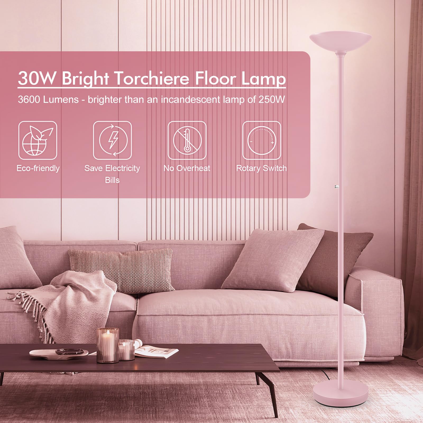 Boostarea Torchiere Floor Lamp Pink, 30W Super Bright Led Standing Lamp, 3000K Stepless Dimmable Pole Lamp With Rotary Switch, 7