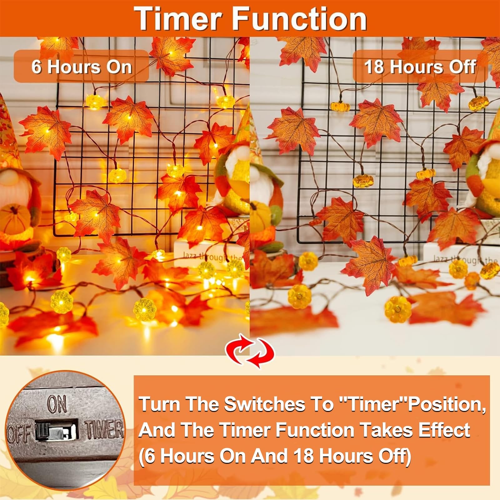 TURNMEON 30Ft Fall Garland with 60 LED Pumpkin Lights, Battery Operated, Silk & PVC, Thanksgiving Home Decor, Model 41-TUM-13-US3
