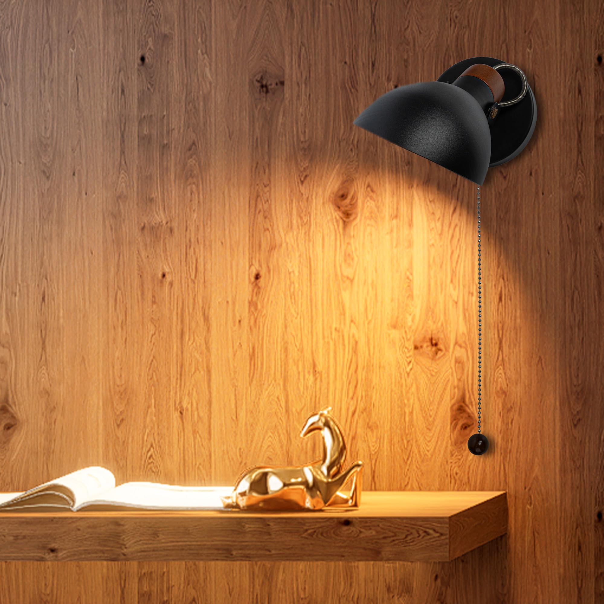 Aisilan Wooden Wall Sconce Set Of 2, Black Rotatable Bedroom Wall Light With Pull Chain Switch With E12 Bulb, Hard Wired Wall La