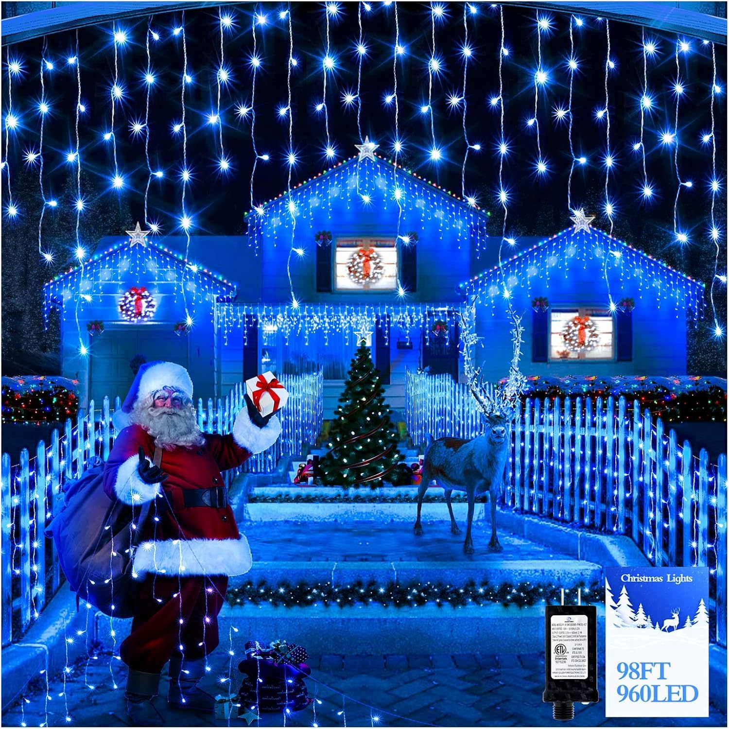 FLVOECN Christmas Lights 960 LED 98FT Blue Waterproof Indoor/Outdoor Curtain String Lights with Timer, Dimmable, Model YQS-200L