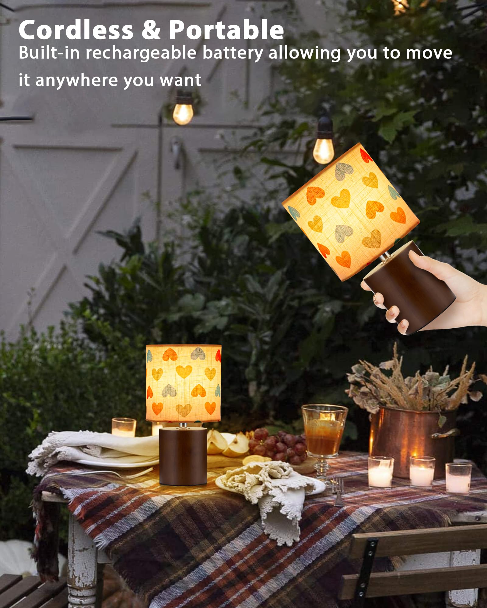 UMEXUS Rechargeable Cordless Table Lamp with Timer, Remote, Dimmer, Small, Linen, Colorful Heart, Model 90027