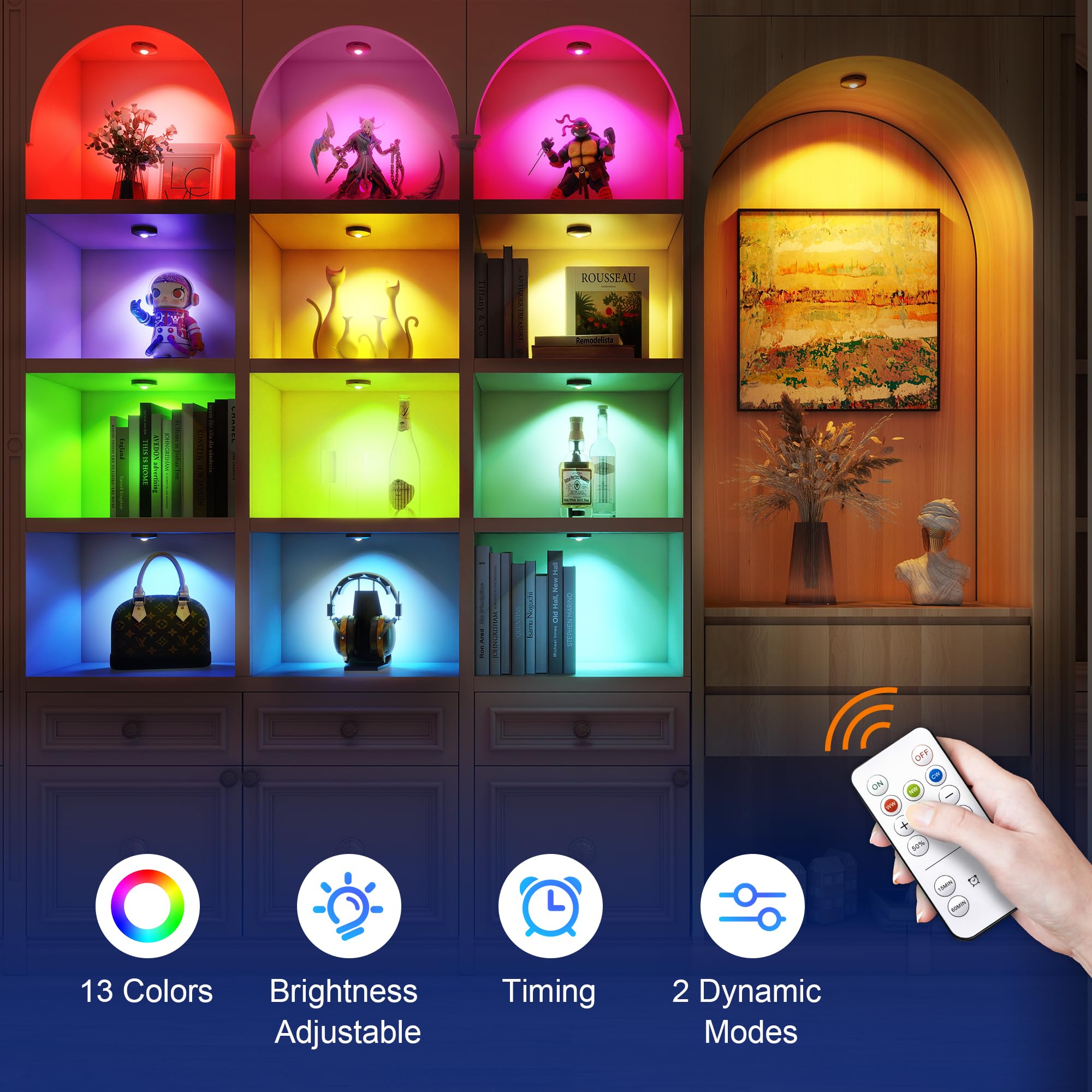 UNUSROOM Rechargeable Puck Lights with Remote Control, 2000mAh Battery, Dimmable, LED, Dark Wood, Model T065, 3-Pack