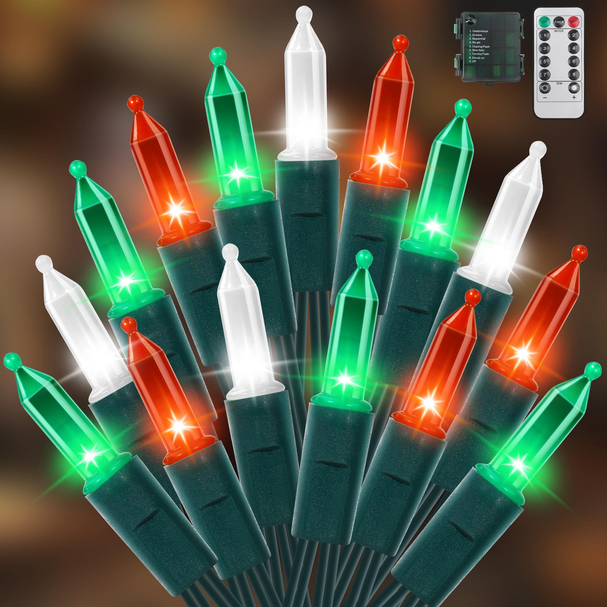 RECESKY 100 LED Christmas String Lights with Remote - 33ft Mini Bulb Battery String Lights - Fairy Lighting Decor for Indoor Decor Greenery Wreath Lawn Bedroom Christmas Decorations - Red White Green