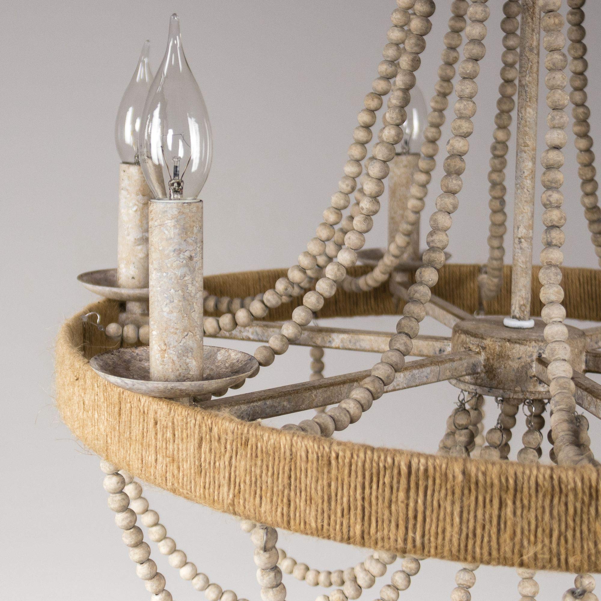 Rustic Chandelier With Wood Beads & Rope, 6-Light Farmhouse Boho Ceiling Light, Adjustable Chain (39.4''), Iron/Wood/Jute Rope,