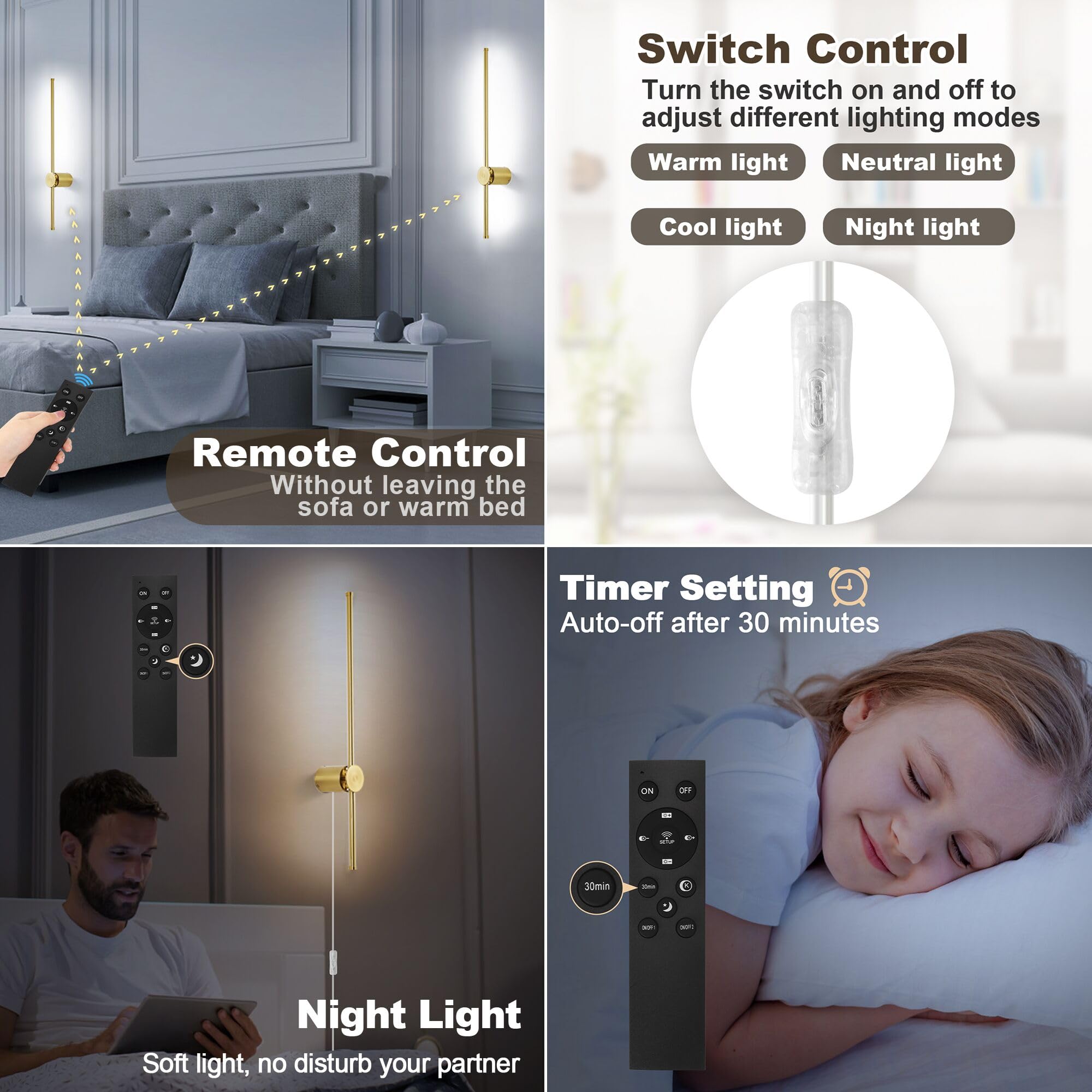 GOODATE Wall Sconces Set of Two, 23.6" Gold LED, Stepless Dimming 3000K-6500K, Remote Control, Hardwire/Plug-in,