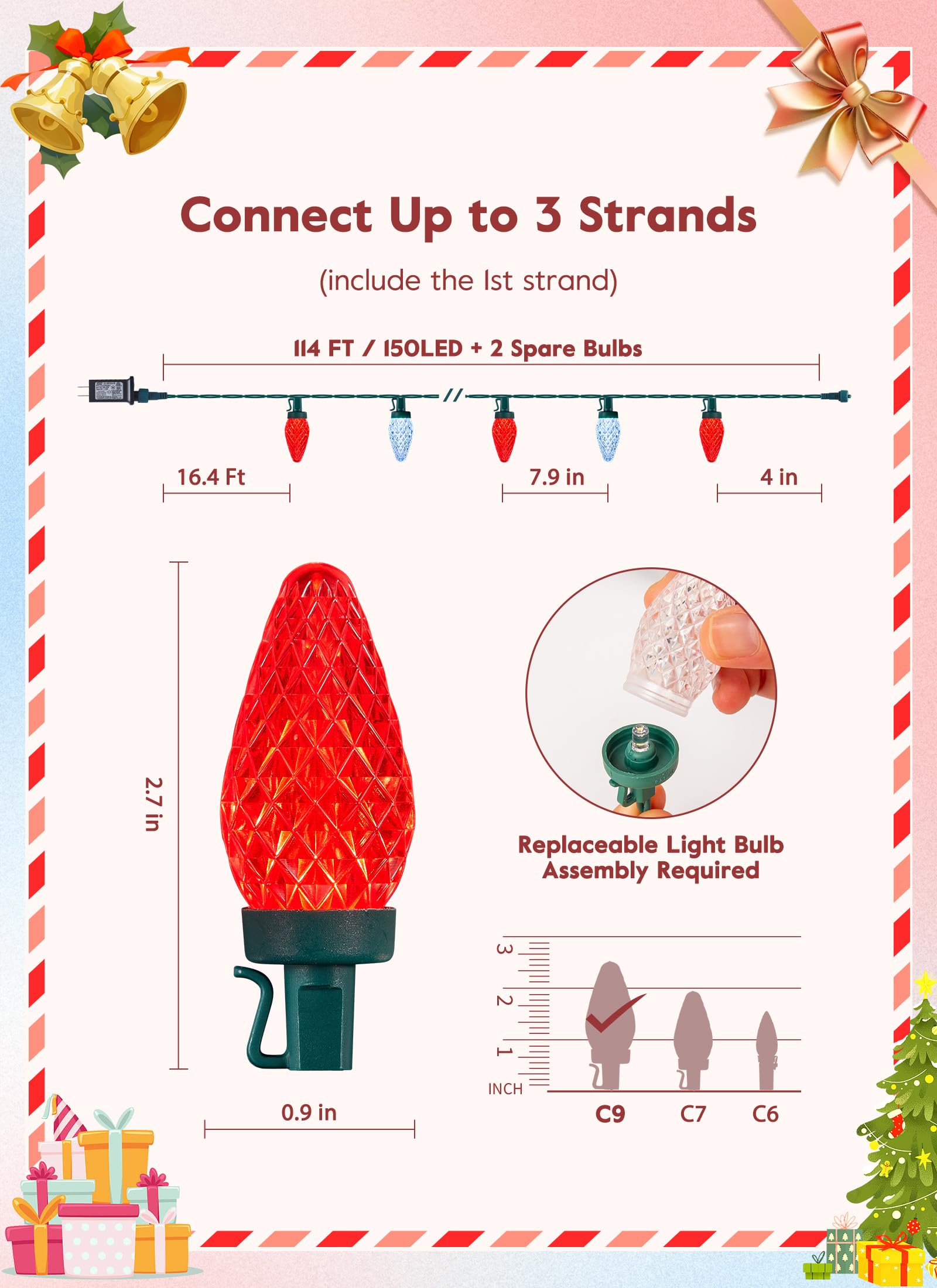 Brightown C9 Christmas Lights, 150 LED, 114FT, Red & Pure White, Waterproof, 8 Modes, UL Listed, Connectable Outdoor Decor