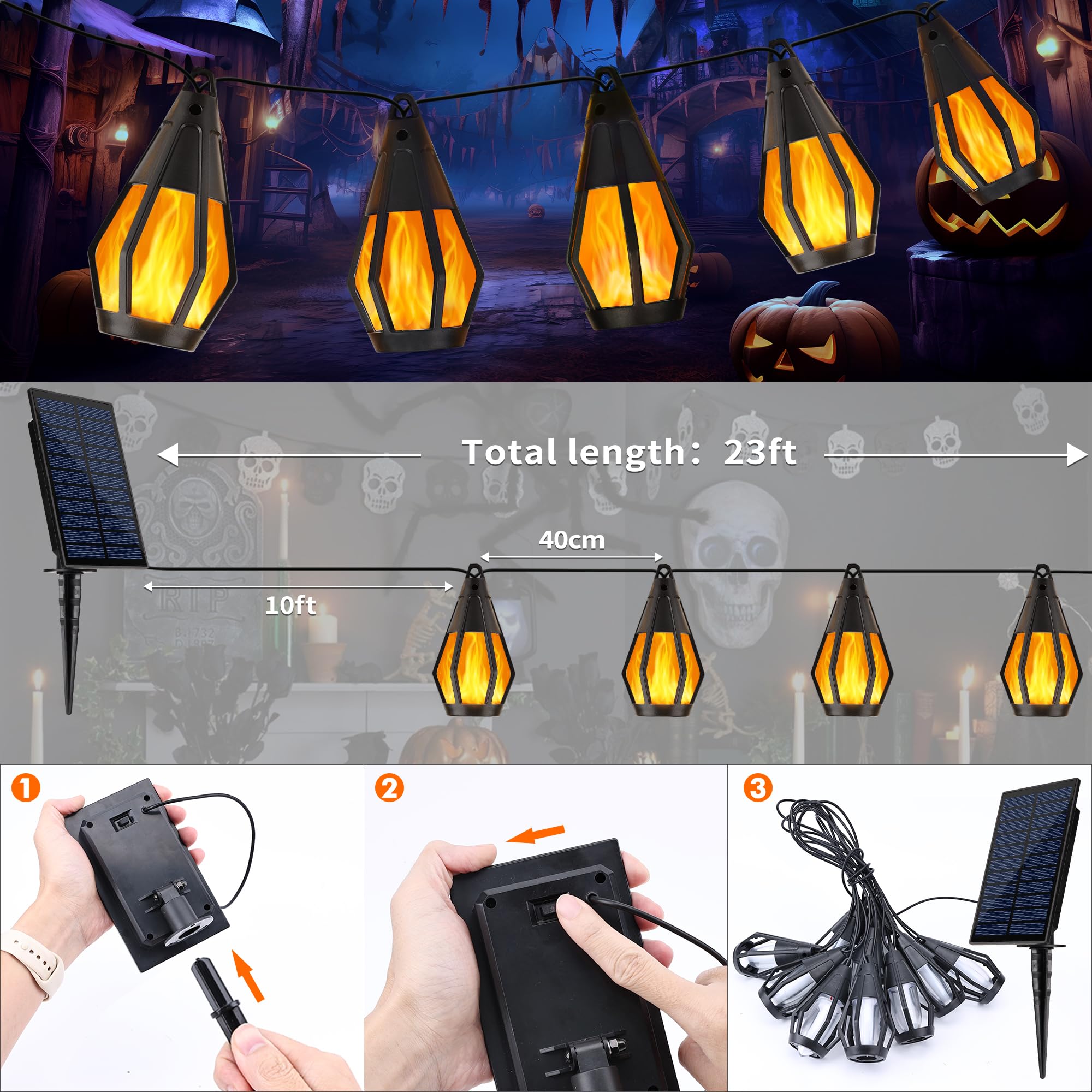 Jnaurb Solar String Lights, 13Ft Waterproof LED Flame Lights, Warm White, Orange, for Outdoor Halloween Decor