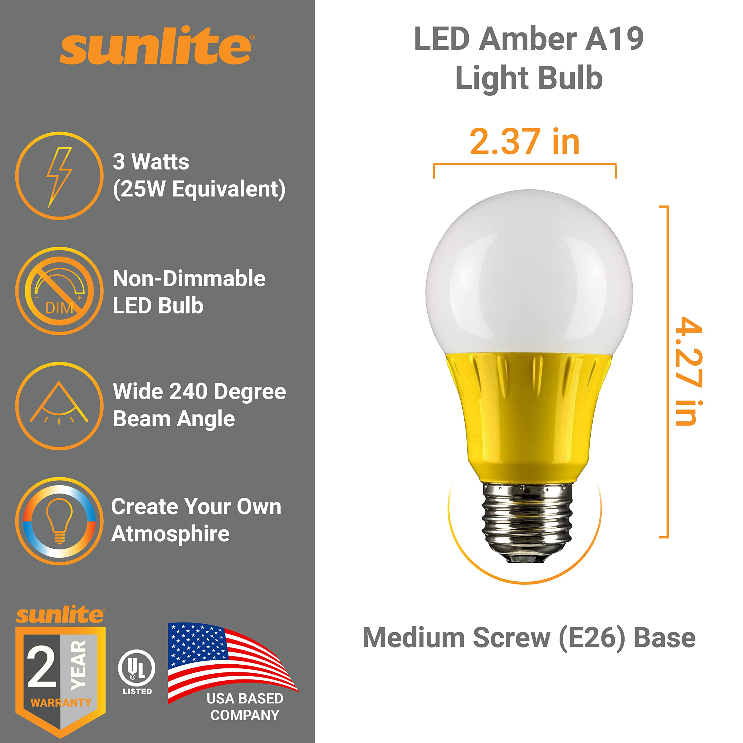 Sunlite 40455 Led A19 Colored Light Bulb, 3 Watts (25W Equivalent), E26 Medium Base, Non-Dimmable, Ul Listed, Party Decoration, Holiday Lighting, 3 Count, Amber