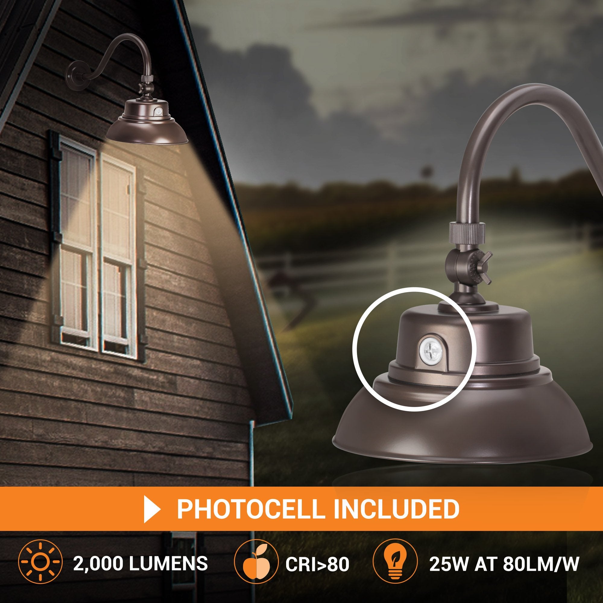 10In. Bronze Gooseneck Barn Light Led Fixture For Indoor/Outdoor Use - Photocell Included - Swivel Head - 25W - 2000Lm - Energy