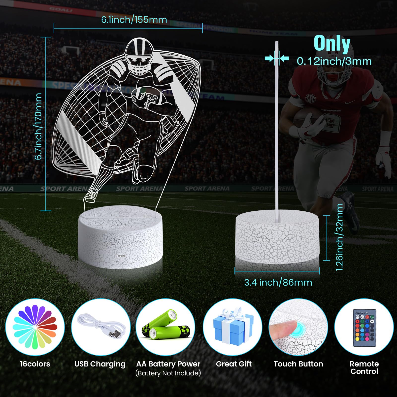 Caloogn Football 3D Night Light-With Touch And Smart Remote Control Lamp,Multiple Colors And Brightness Adjustment For Room Deco
