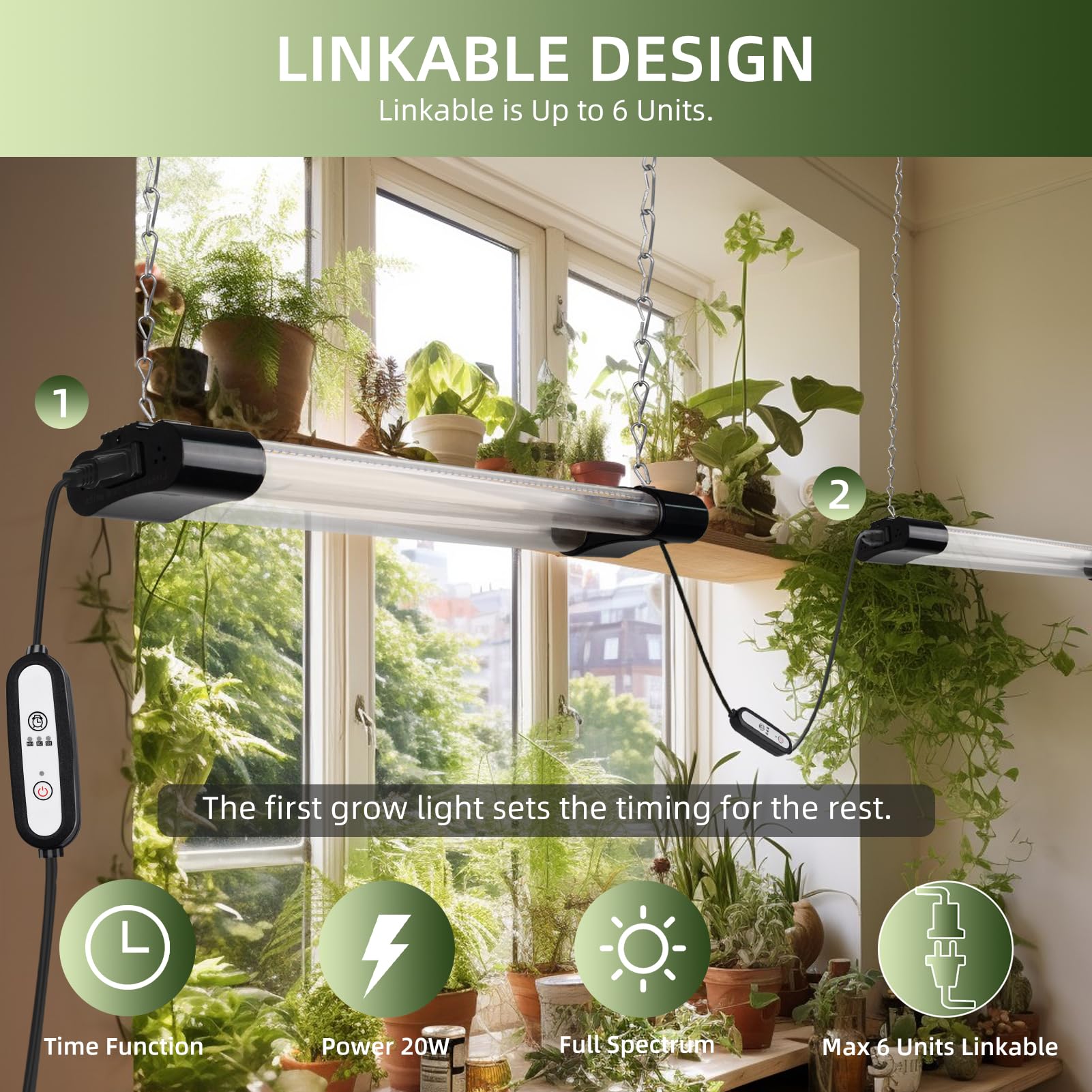 Hlite 18Inch 2 Pack Led Grow Lights - Linkable Grow Lights For Indoor Plants, Full Spectrum Plant Lights Plug And Hanging Design With Auto On/Off Timer Hanging Grow Light From Seedling To Flowering