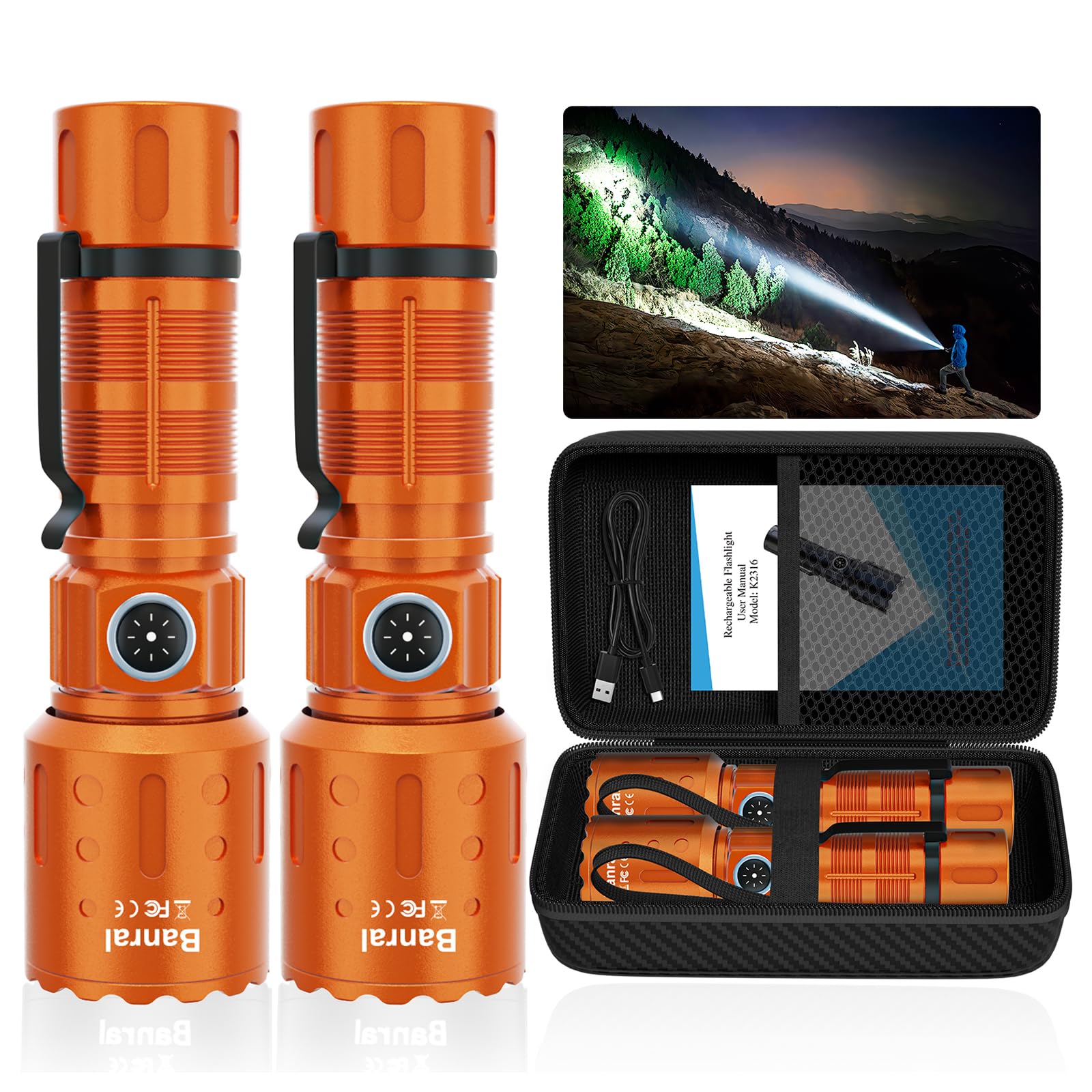 Flashlights High Lumens Rechargeable  20000 Lumens Super Bright 1500 Meters Long Range Small Powerful Flashlight  6 Modes Led Tactical Pocket Waterproof Flash Light For Home Emergency (2  Orange)