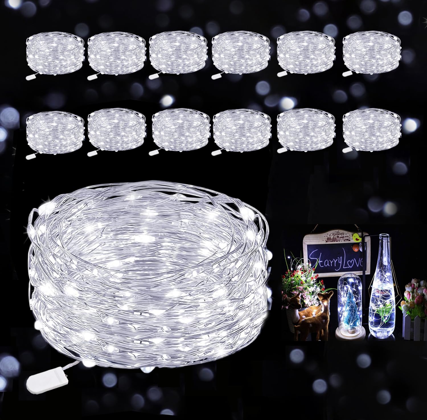 Ehome Fairy String Lights, 12 Pack Battery Operated 7.2ft 20LED Silver Coated Copper Wire Firefly Moon Lights for Party Christma