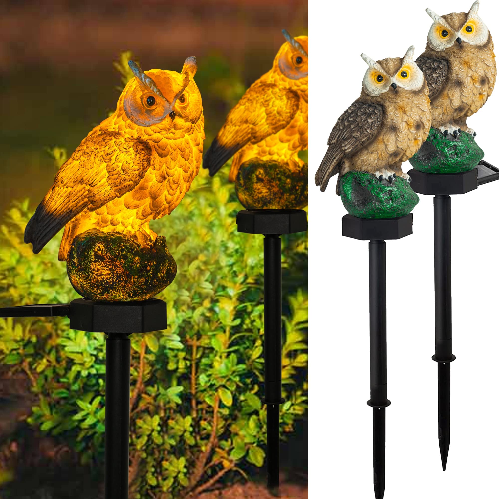 Dazzle Bright Owl Solar LED Lights, Waterproof Resin Garden Decor, Brown, 2 Pack