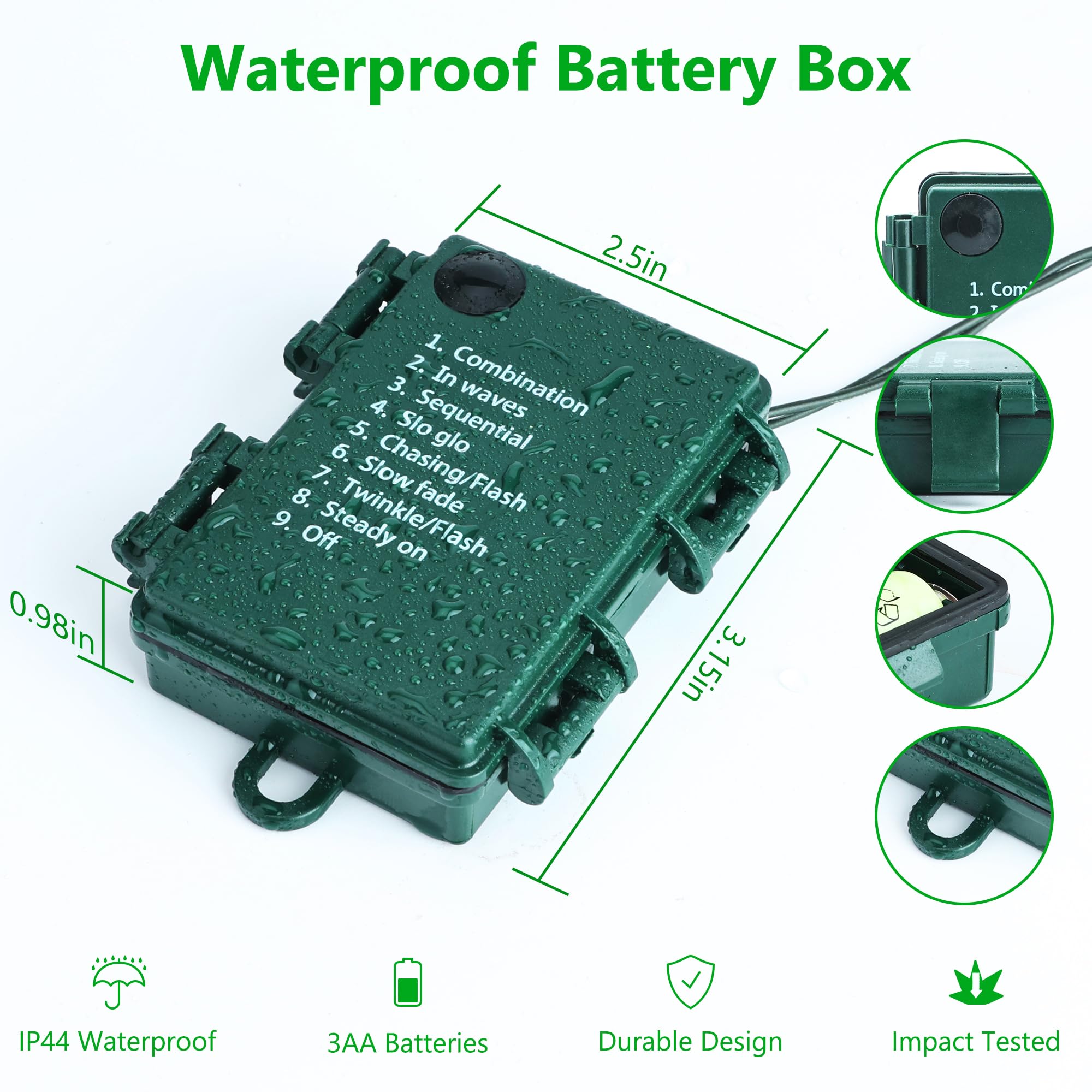 Lomotech Battery Operated Christmas Lights, 66ft, 200 LED, 8 Modes, Waterproof, Green Wire, Warm White, 4 Pack