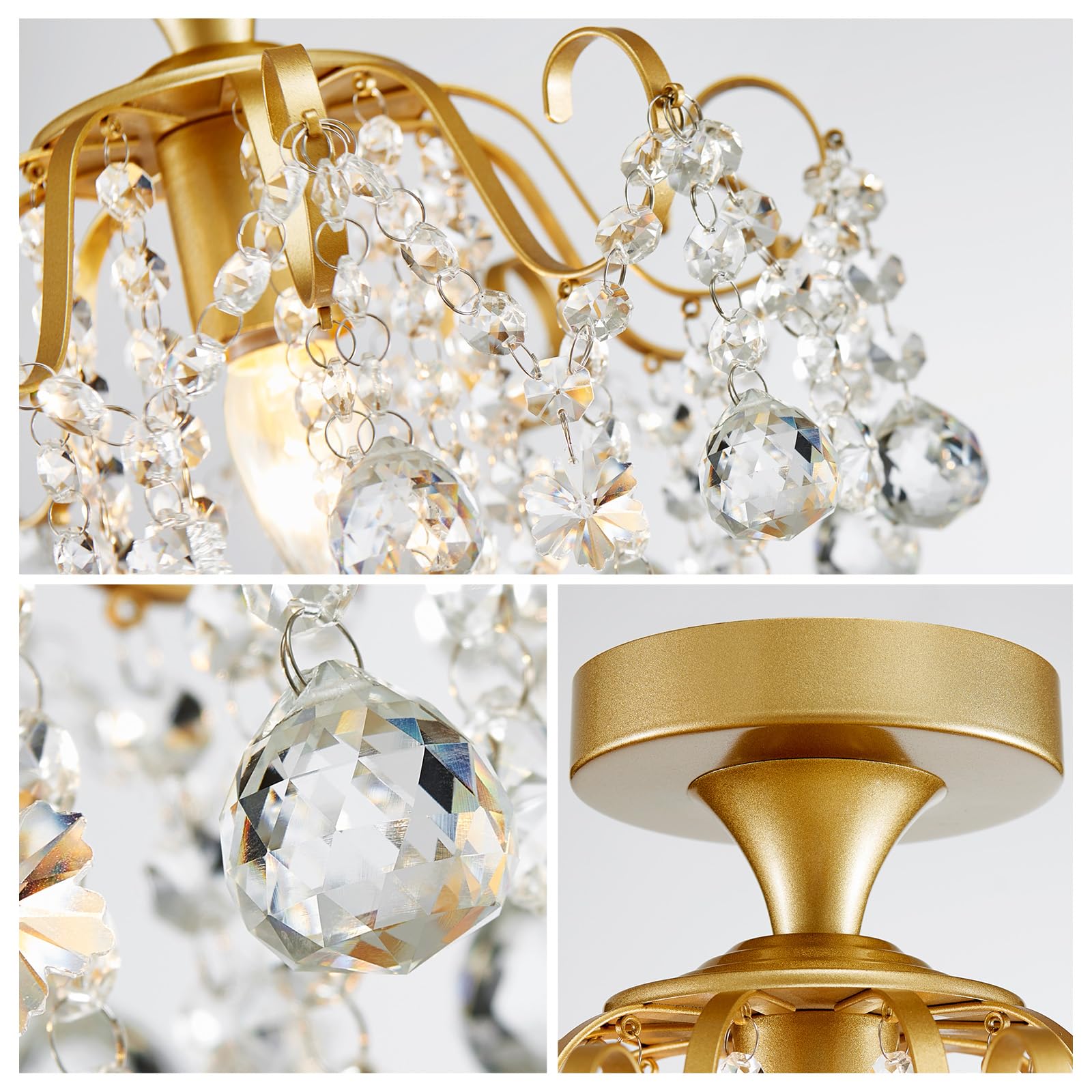 WUZUPS Crystal Chandelier Flushmount Ceiling Light, Gold Metal, H 13.4" x W 12.6", Model EUHD0351, Ideal for Bedroom, Hallway, Kitchen