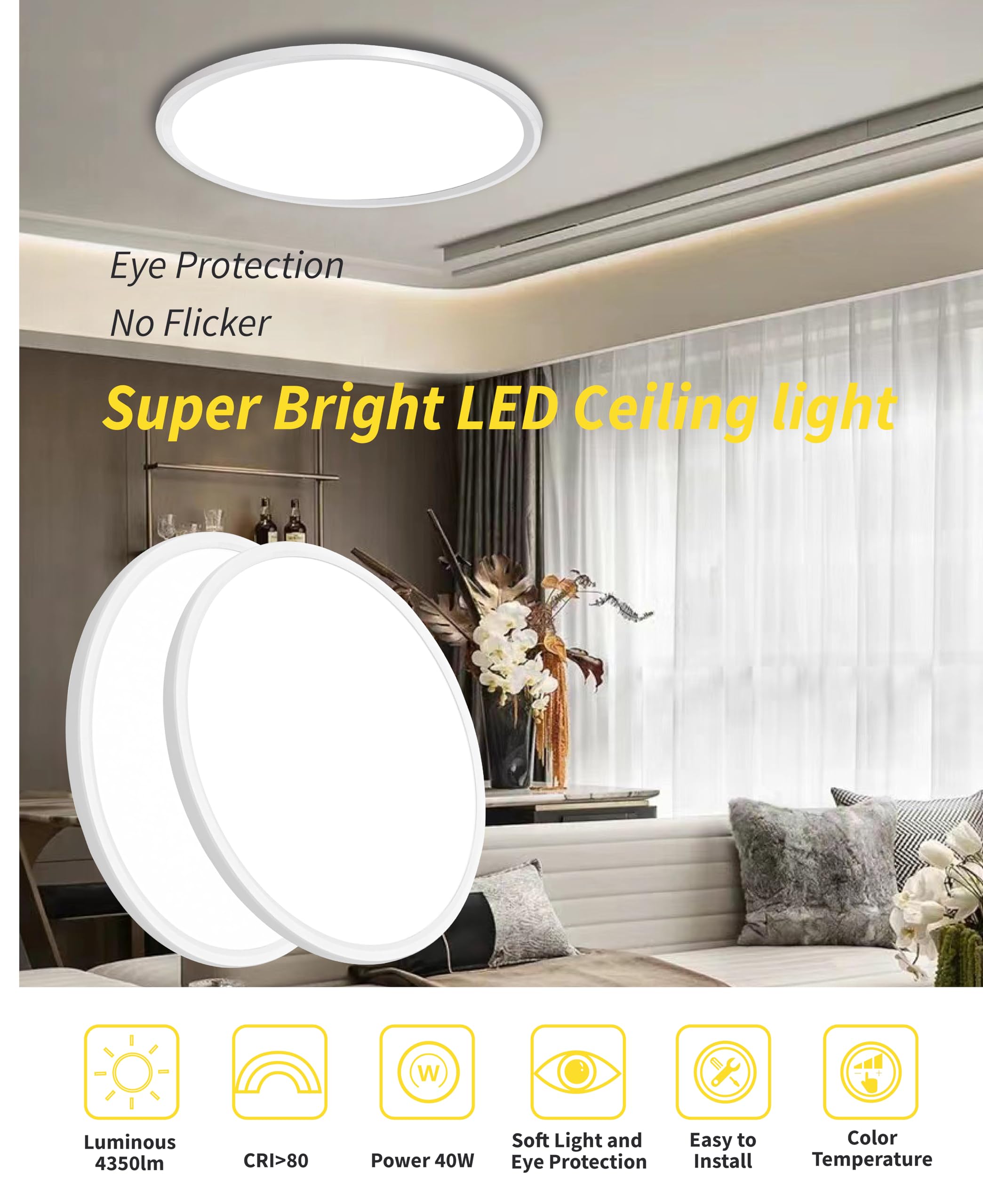 1Pack 20 Inch Large Led Flush Mount Ceiling Light, 40W,4350Lm, 3000K/4000K/6000K Cct Selectable,White Round Flat Panel Light Low