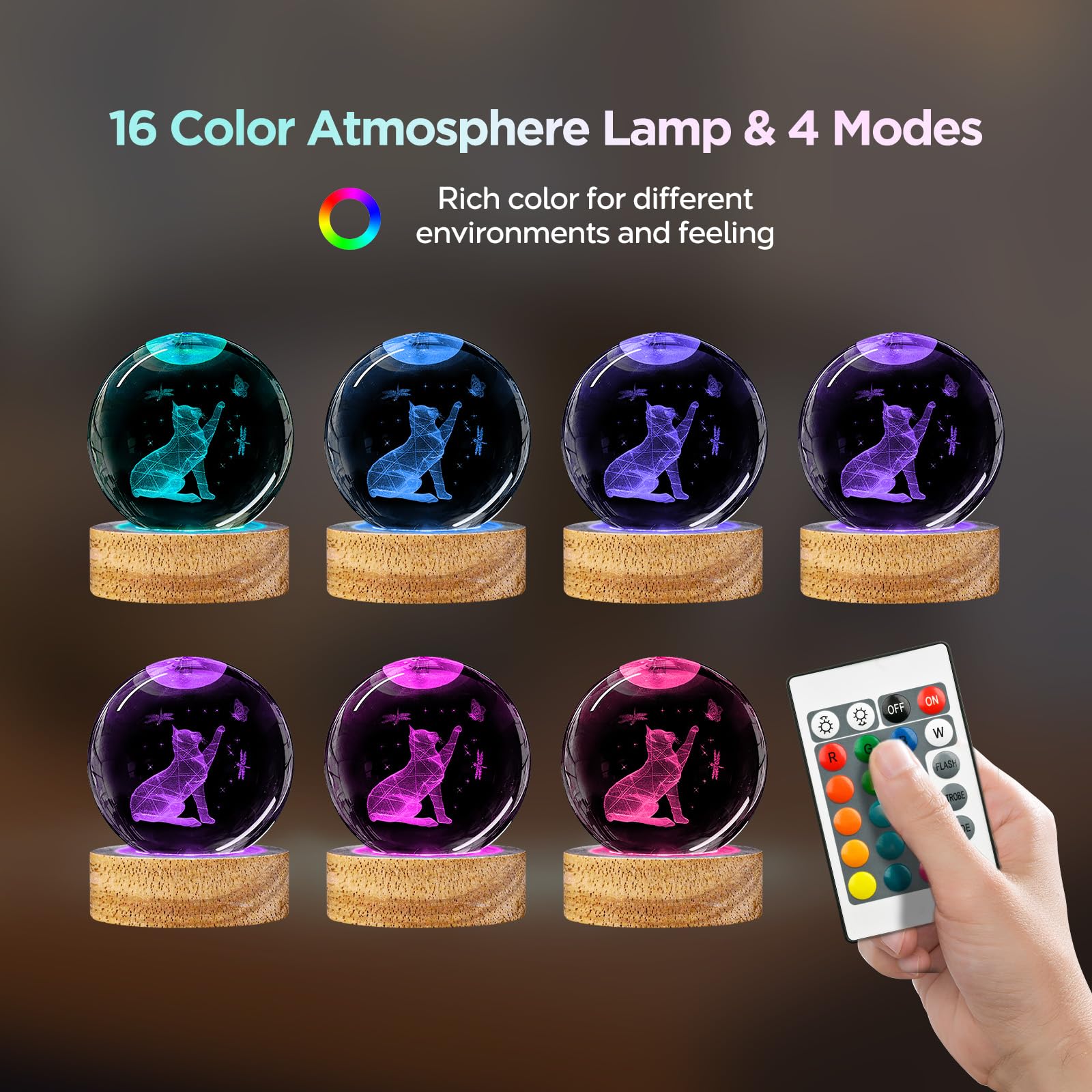 3D Crystal Ball Night Light Cat Lover Gifts For Women, 60Mm Cat Figurines Glass Lamps With 16 Color And Remote, Cute Room Table