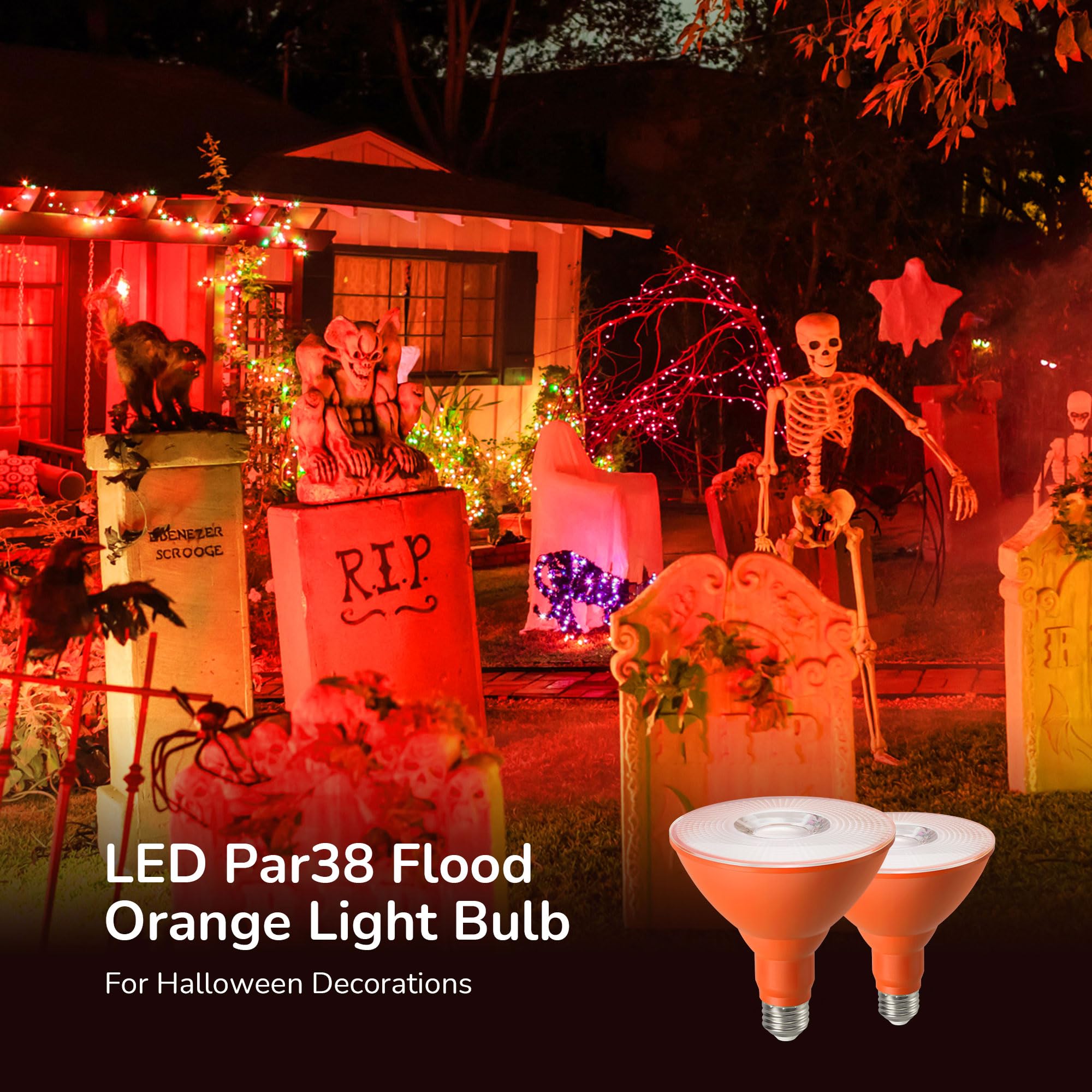 EDISHINE PAR38 Orange LED Flood Light Bulbs, Dimmable, 18W Equivalent, 2 Count, E26 Base, ETL Listed for Christmas Decorations
