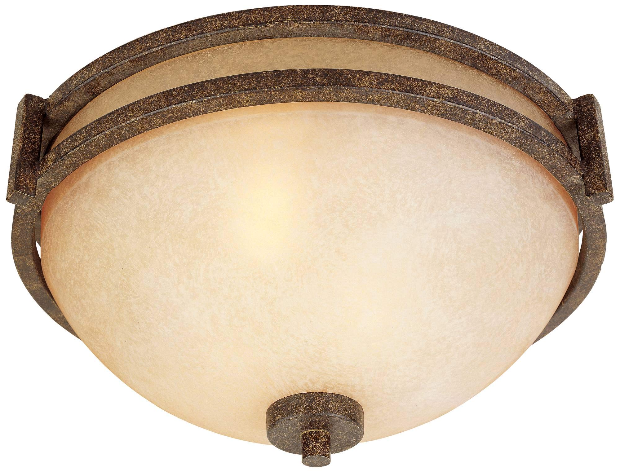 Franklin Iron Works Mission Ceiling Light Flush Mount, 15in Wide, Rustic Bronze, Cream Scavo Glass, Model 07443