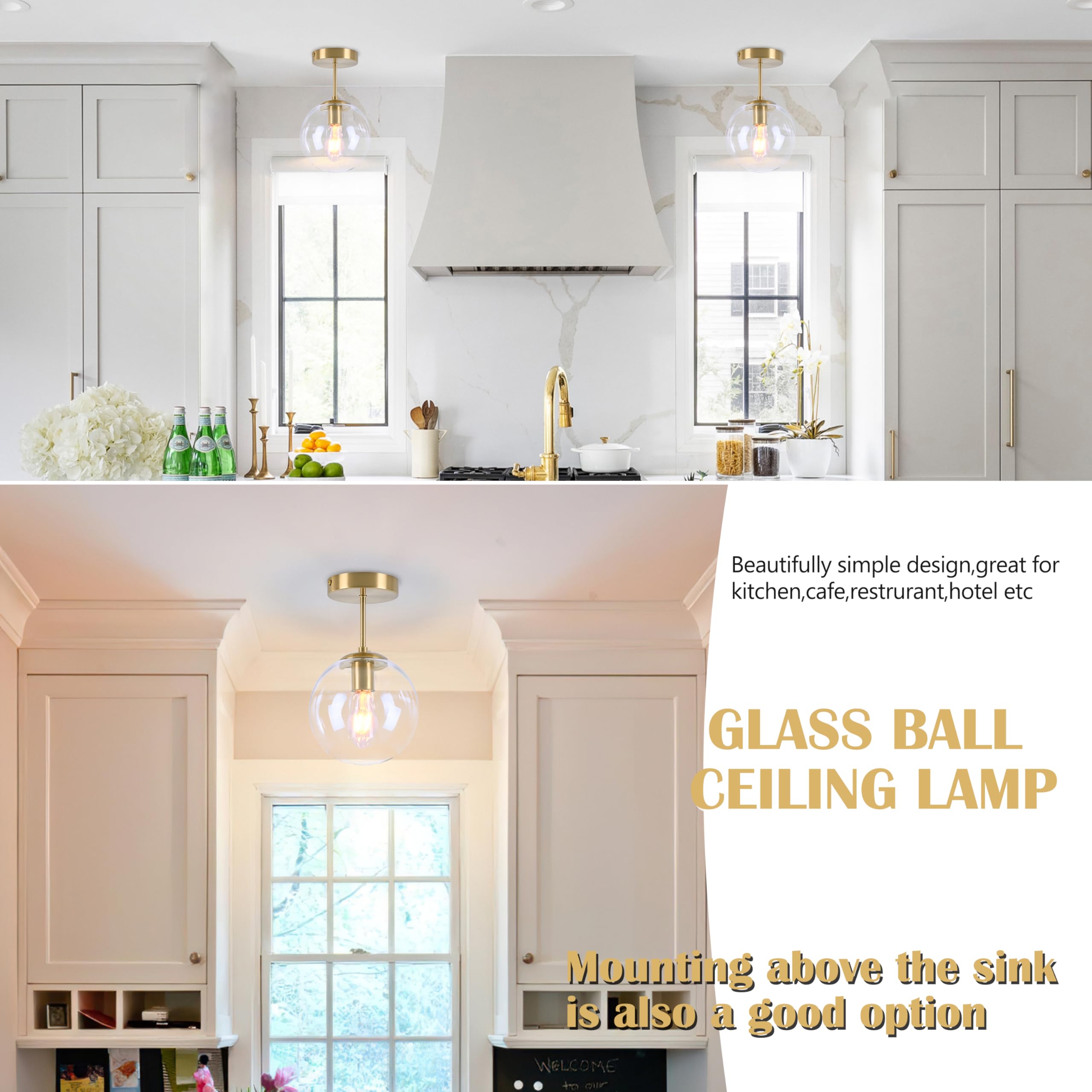 Bagood Globe Semi Flush Mount Ceiling Light, Clear Glass With Brass Finish, Contemporary Mid Century Modern Style Lighting Fixtu