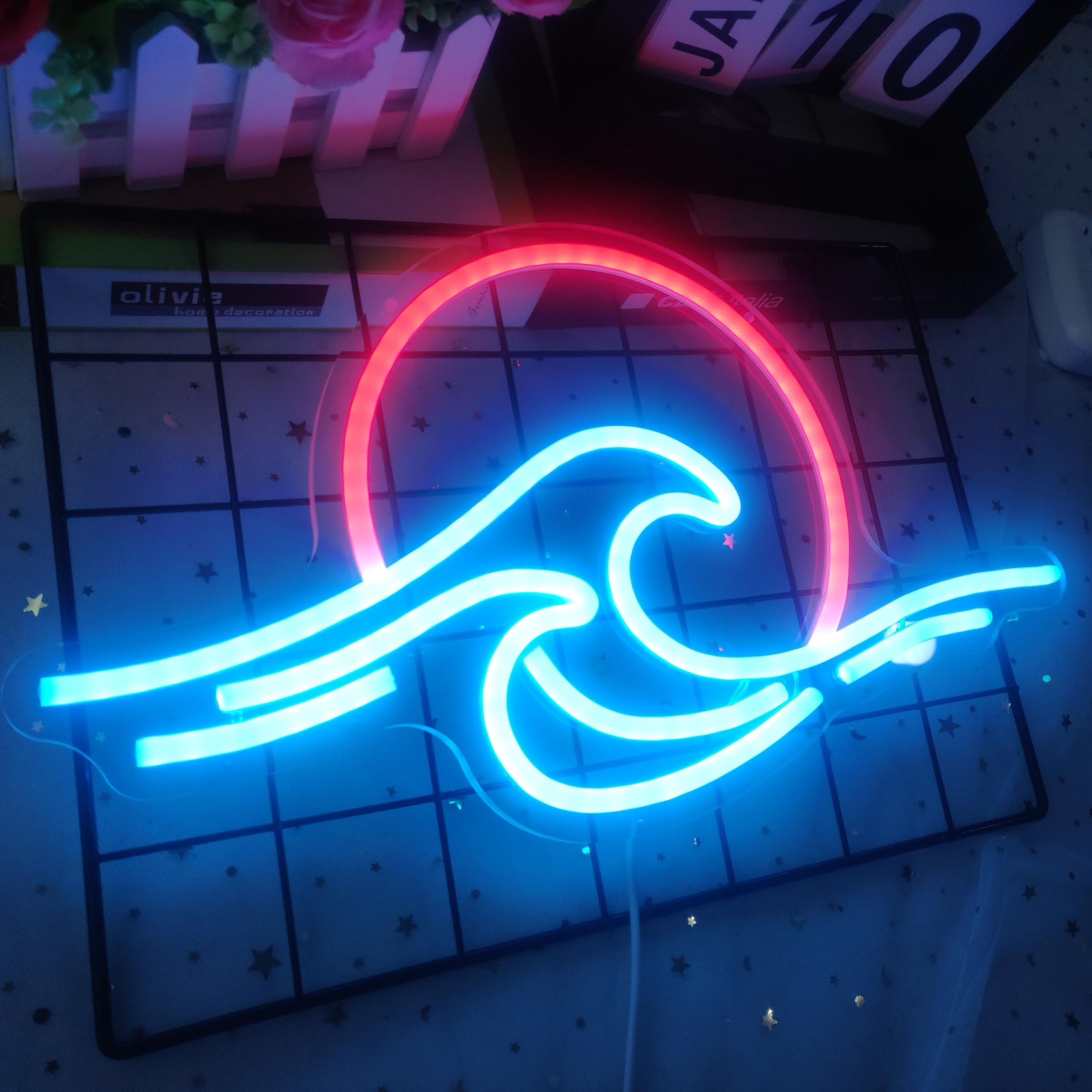 GMMLLG Neon Sign - Dimmable Wave Design, Tropical Decor, Ice Blue & Red, Acrylic Material, for Bedroom, Living Room, Office, and Parties