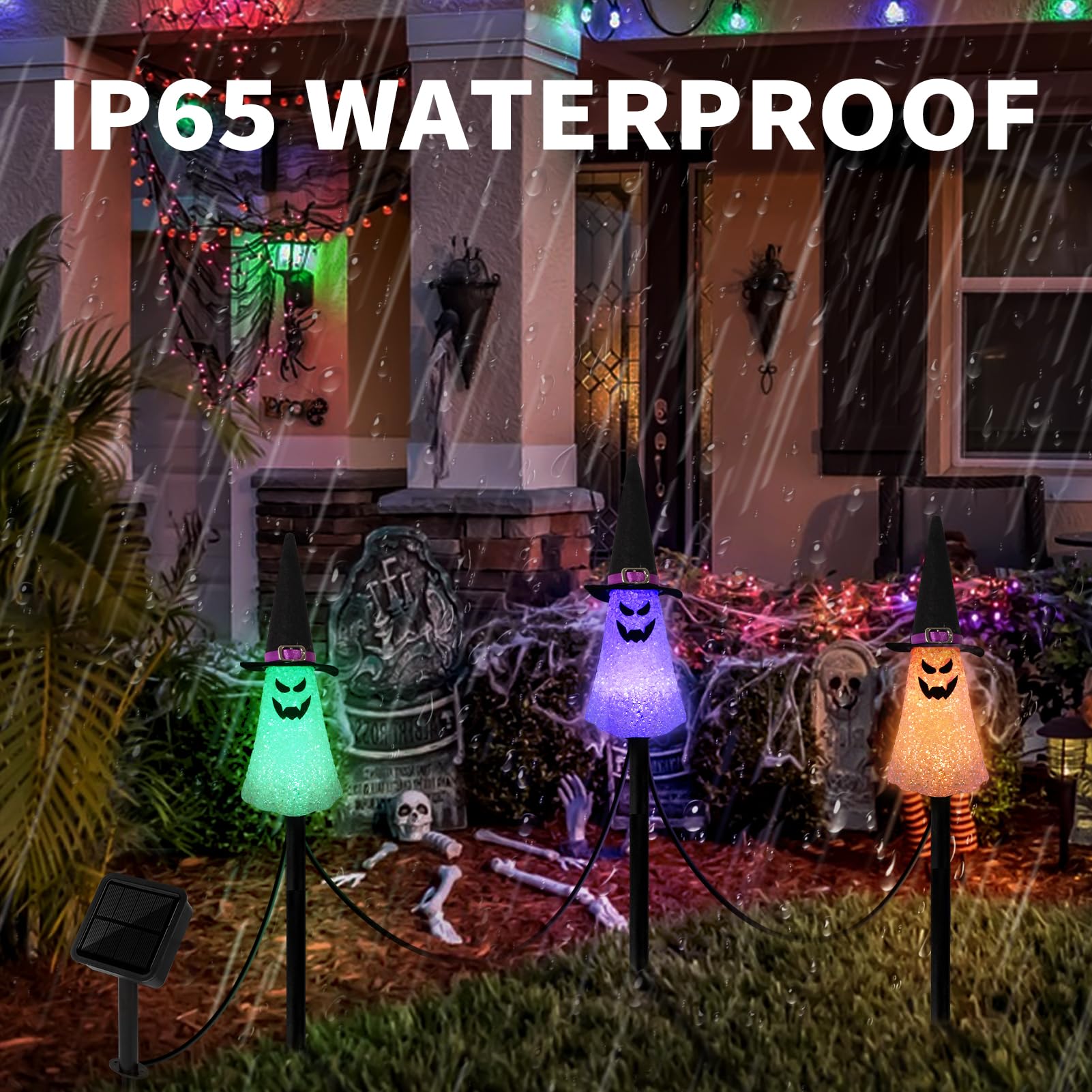 Lightshine 3Pcs Ghost Solar Halloween Decorations, Solar Landscape Pathway Lights,Solar Halloween Garden Stakes Lights, Outdoor Halloween Lights Decor For Yard, Patio, Porch (Orange+Purple+Green)