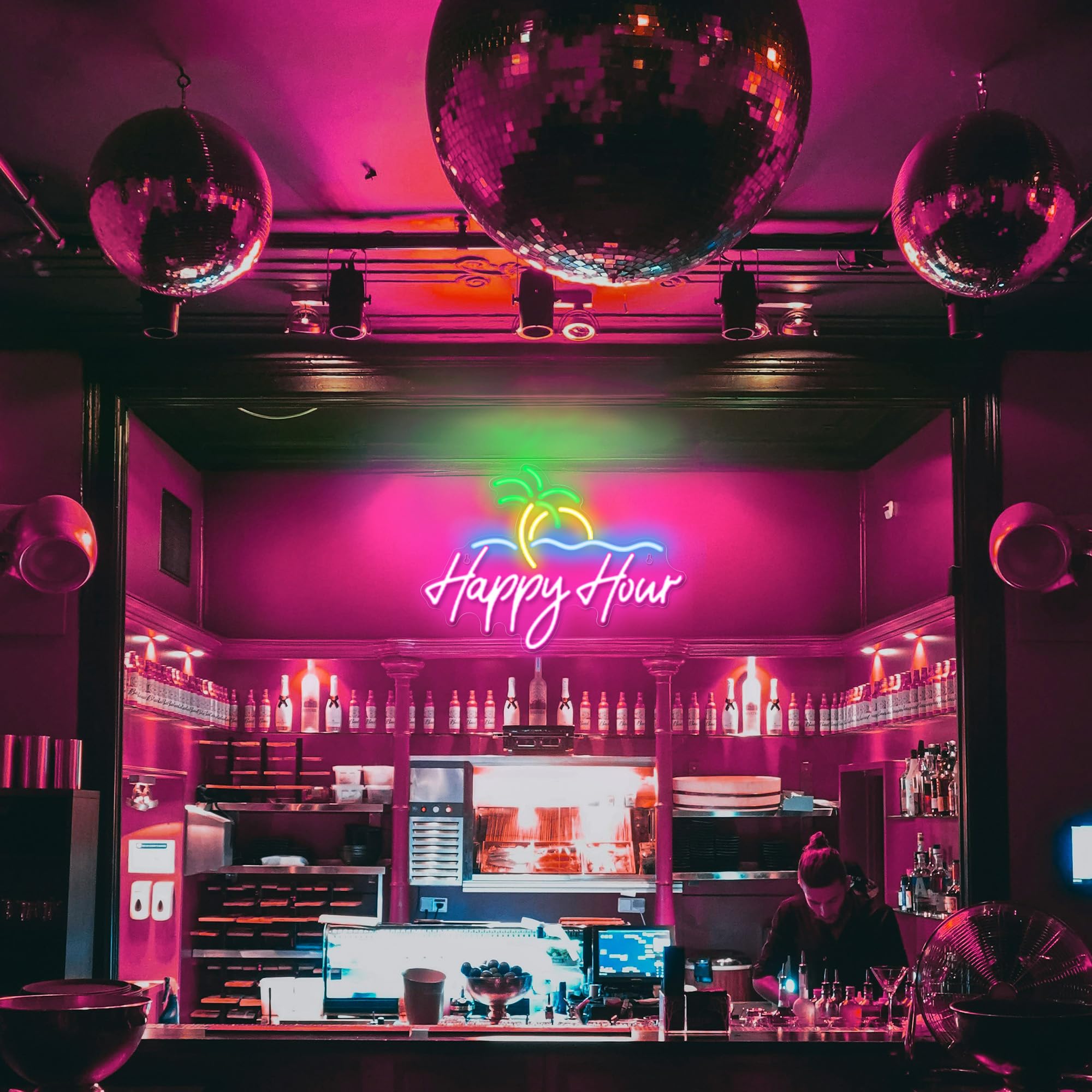 Kavaas Happy Hour Neon Sign 15.7 X 11.2  Palm Tree Neon Bar Signs For Home Bar Man Cave Club Pub Party - Best Gifts For Husband  Father  Birthday  Christmas