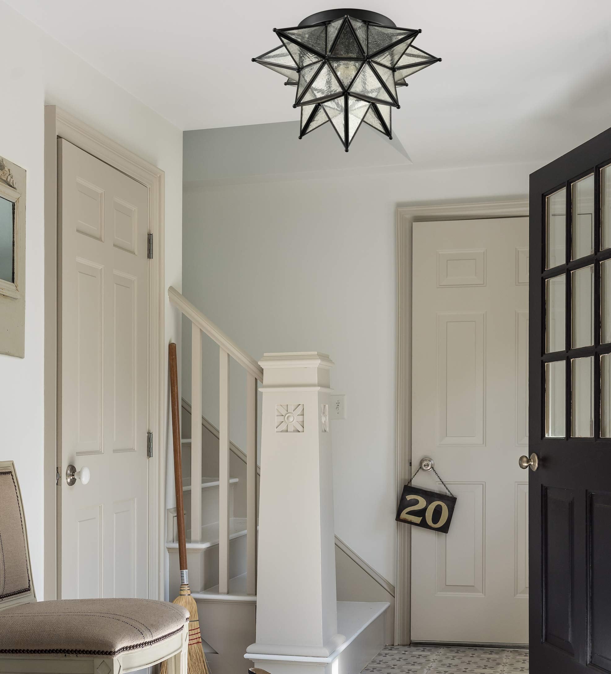 Daycent Boho Moroccan Seeded Glass Moravian Star Light Fixture Ceiling Flush Mount Hallway Kitchen, Black, 15 Inches