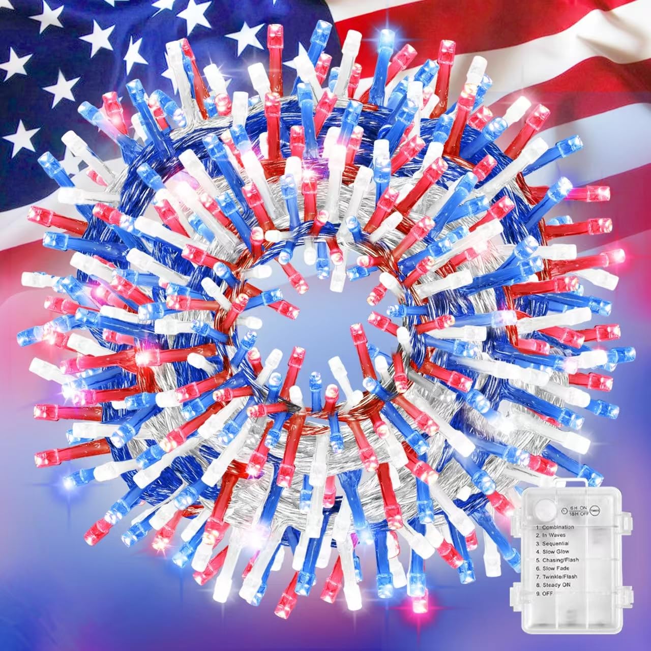 LAMPHOME Red White Blue Patriotic Battery Operated String Lights, 34.1FT 100 LED 8 Modes Waterproof String July 4th Tree Lights 