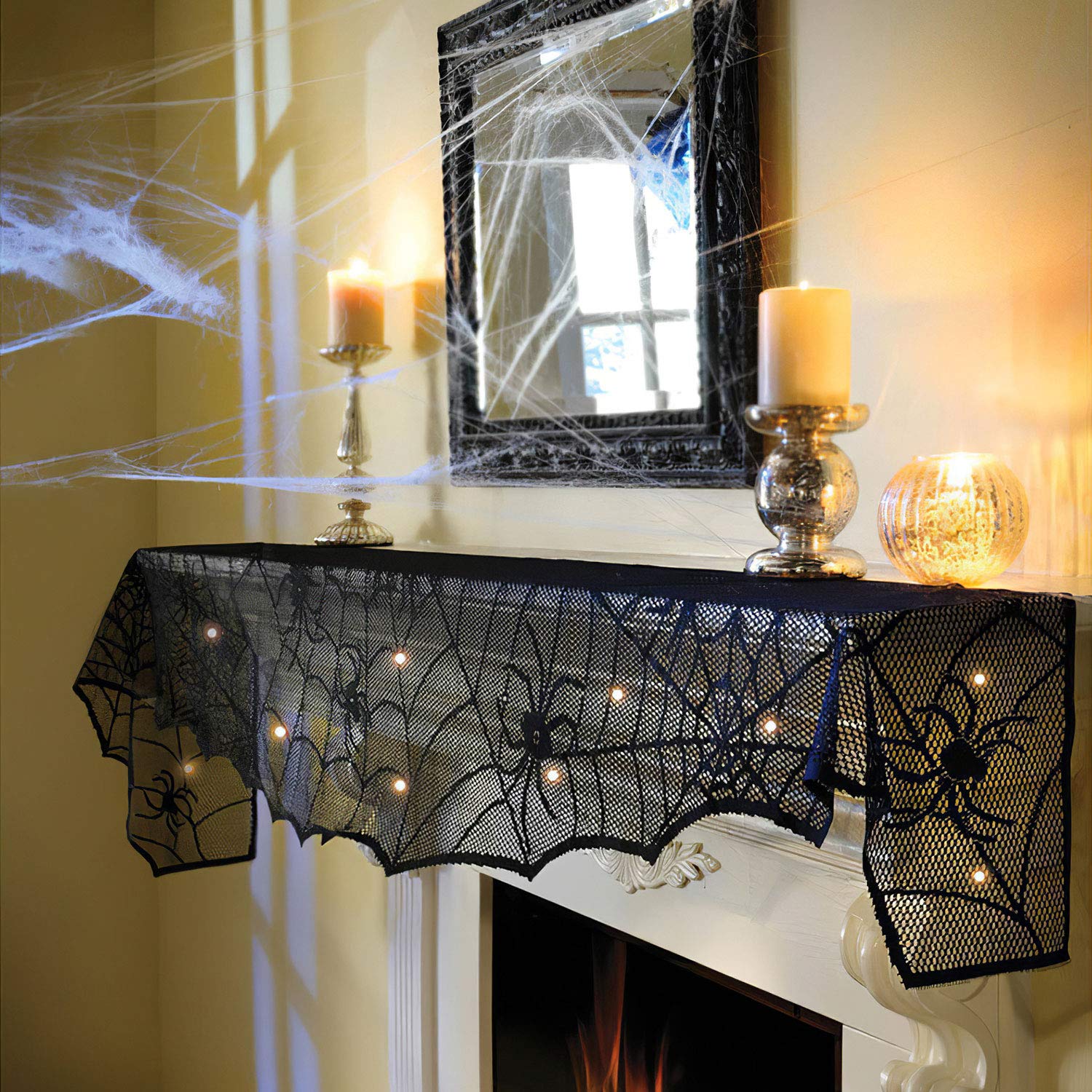 FUN LITTLE TOYS Halloween Decorations Indoor - Halloween Mantel with String Lights Lace Spiderweb Halloween Decor Inside for Home Party Supplies (18 x 96 inch)