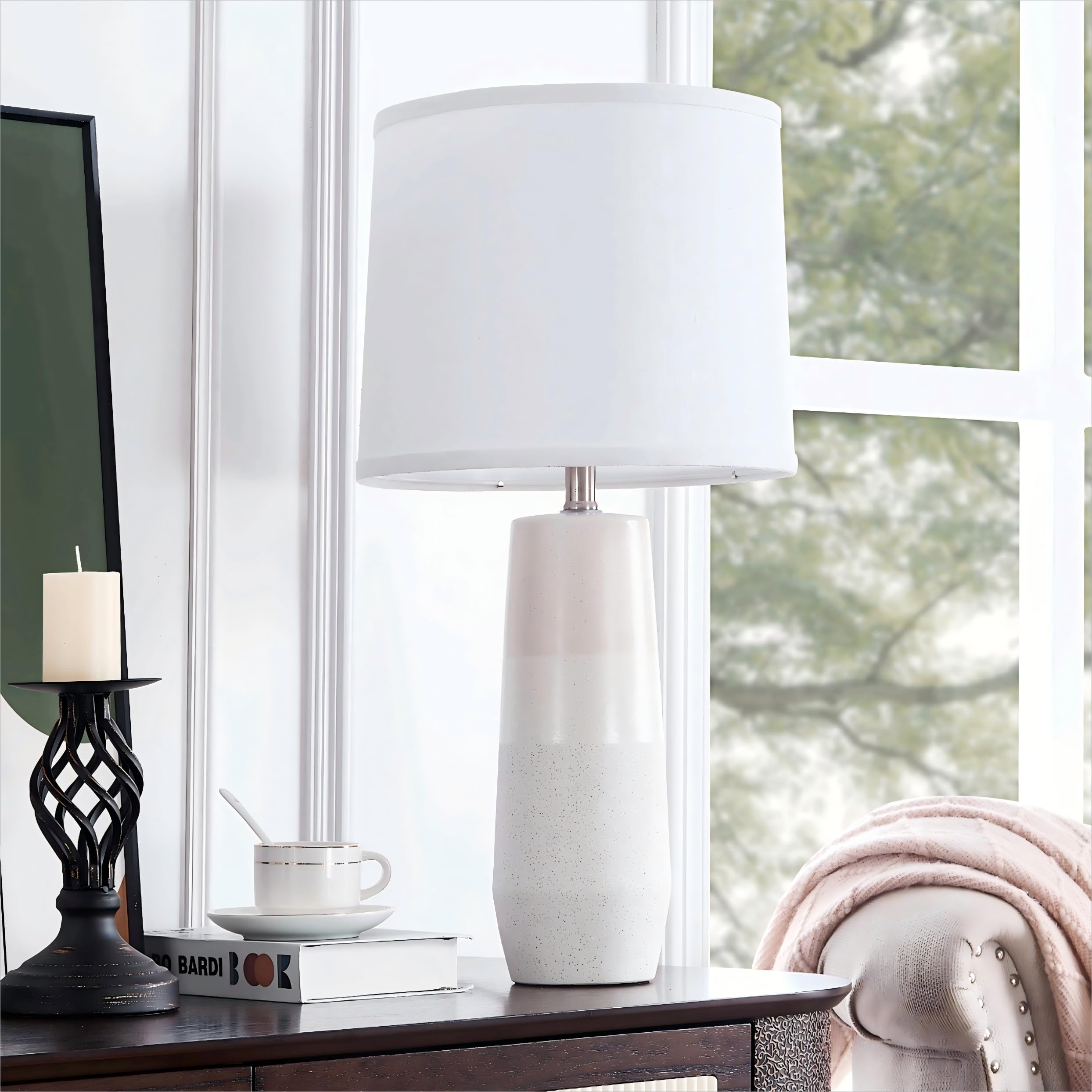 Euo 25.25'' White Ceramic Table Lamps For Living Room, Ceramic White Lamps Set Of 2 For Nightstand, Minimalist White Table Lamps