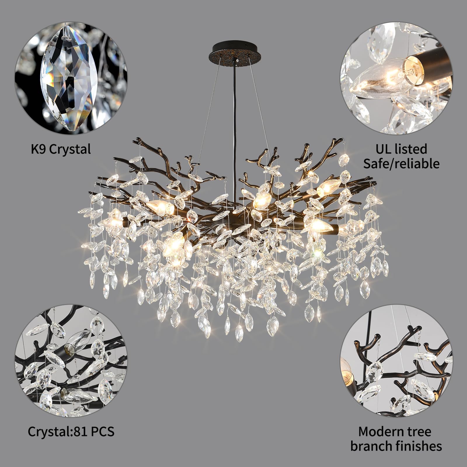 EGM 32 Inch Black Crystal Chandelier, 10-Light E12 Metal Hanging Fixture for Living Room, Dining Room, Bedroom, Foyer