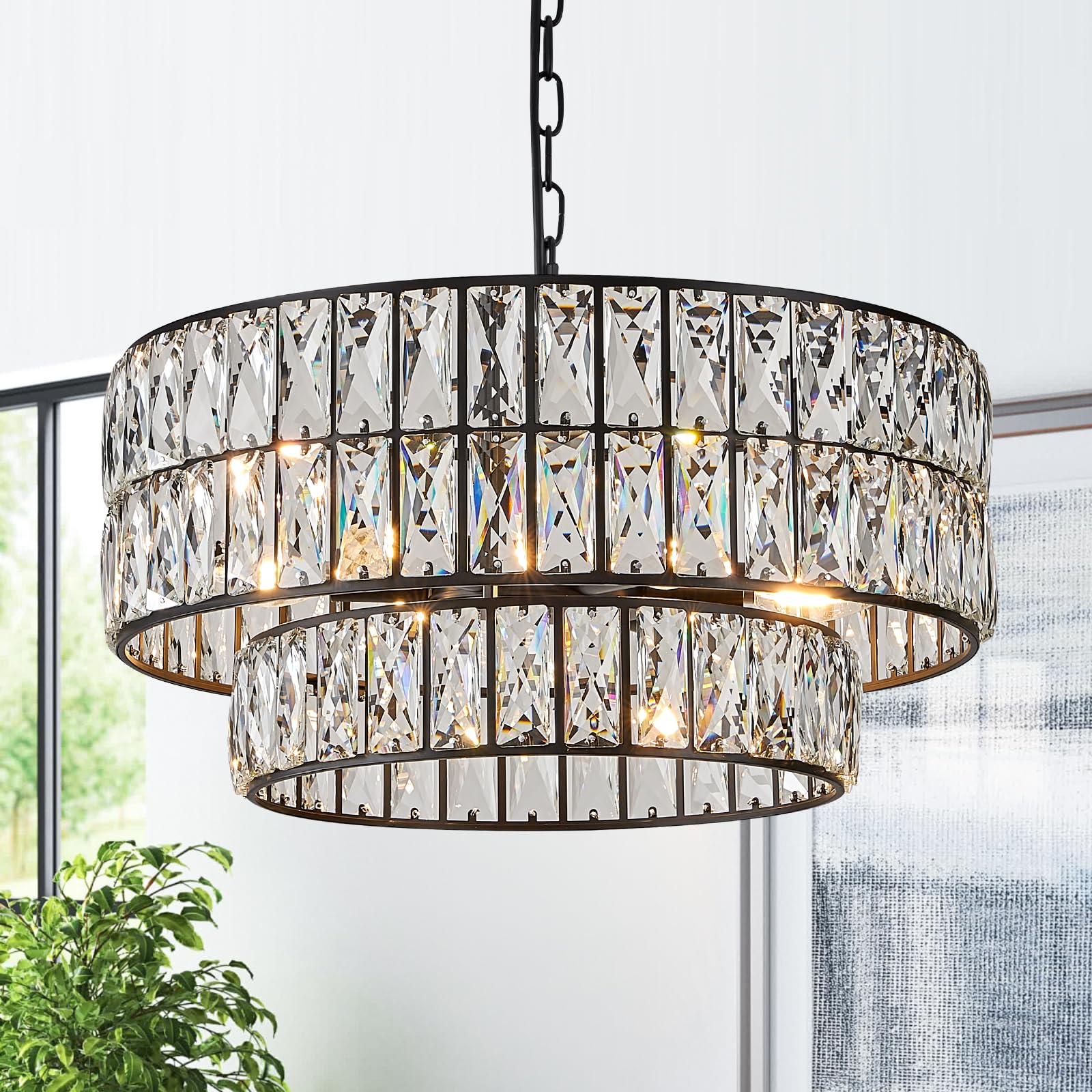 Catiner Black Crystal Chandelier 6-Lights Luxury Crystal Pendant Chandelier 20'' Drum Semi Flush Mount Ceiling Lights For Dining Room Foyer Living Room Bedroom Kitchen