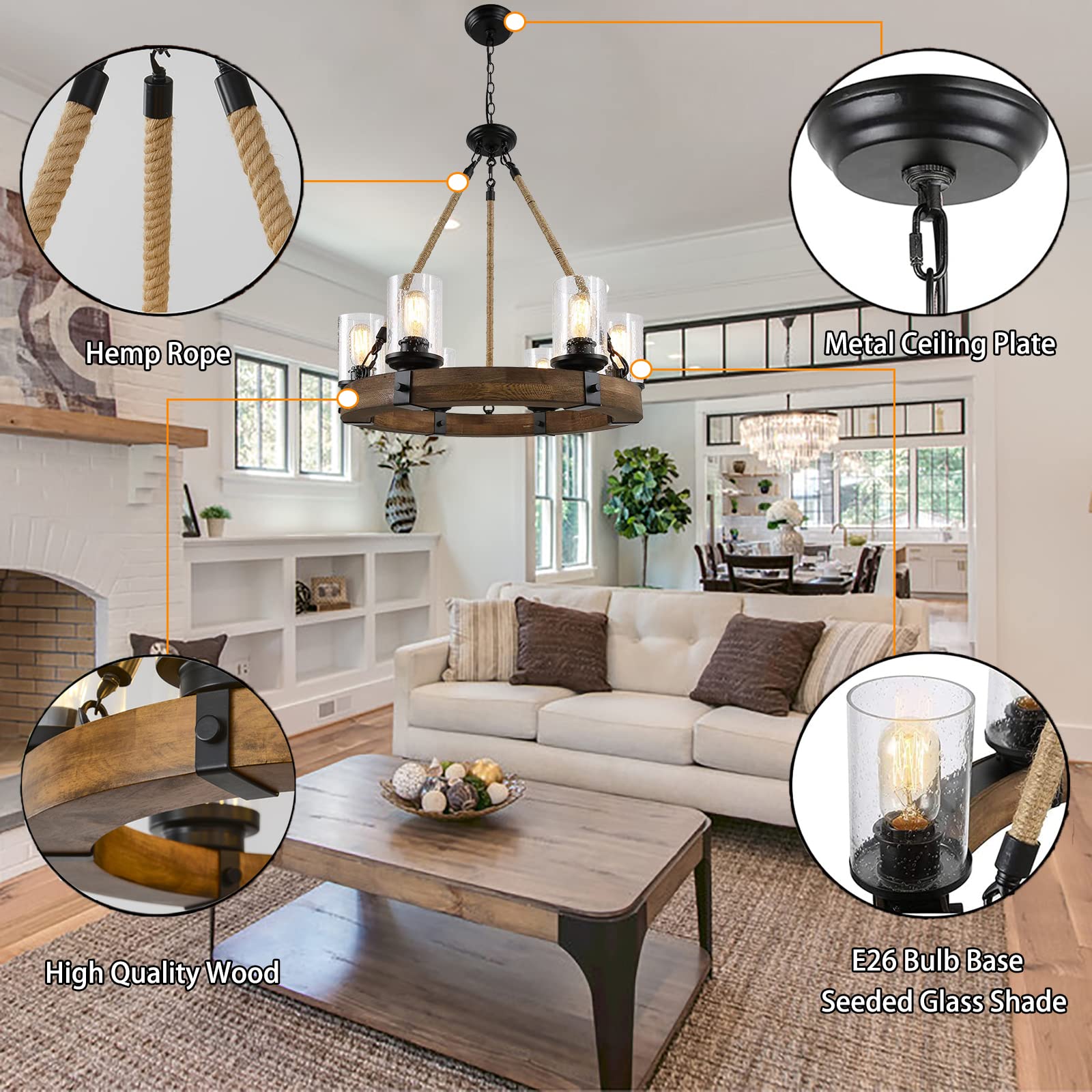 BAOURE Rustic 6 Light Wagon Wheel Chandelier, Round Wood Pendant Light, Brown, Model WJA19 for Dining Room, Kitchen Island, Foyer
