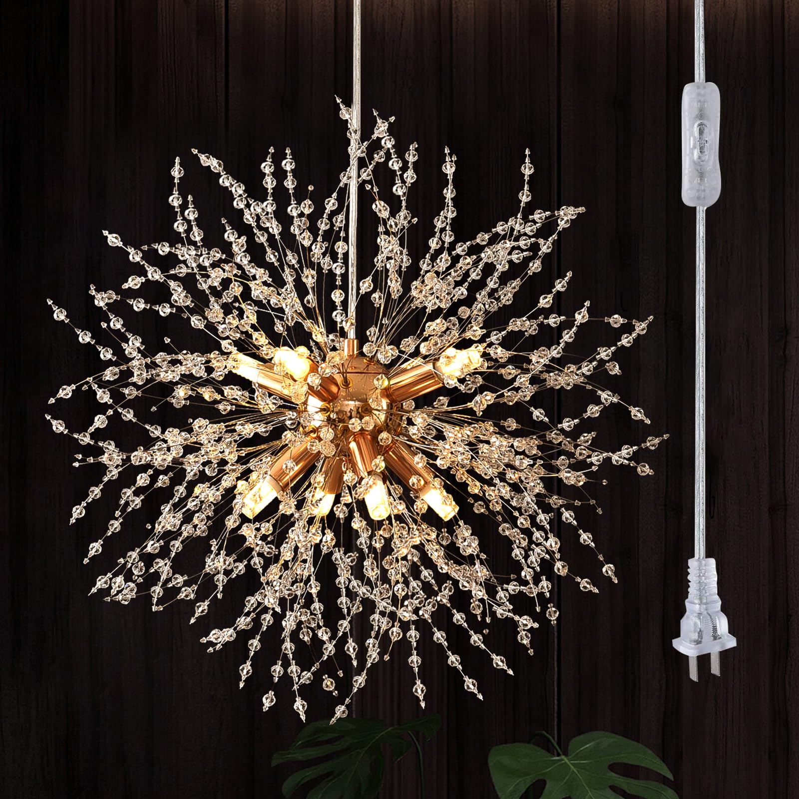 Plug in Crystal Chandeliers Firework, Dandelion Chandelier Modern, Gold Sputnik Pendant Light, 8 Light Hanging Ceiling Light Fix