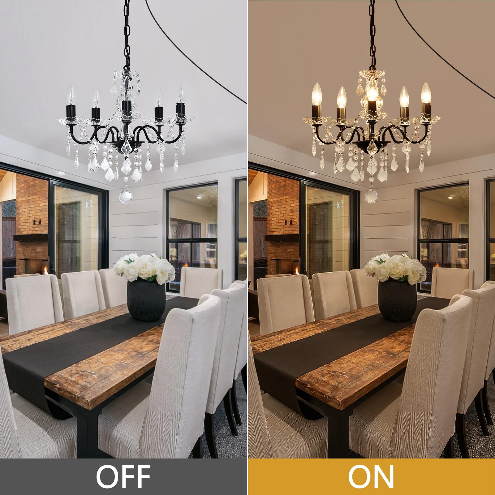 Chanlited Plug In Modern 5-Light Black Chandelier With Glass Crystals, Candle Style Pendant Light Fixtures For Living Room, Girl