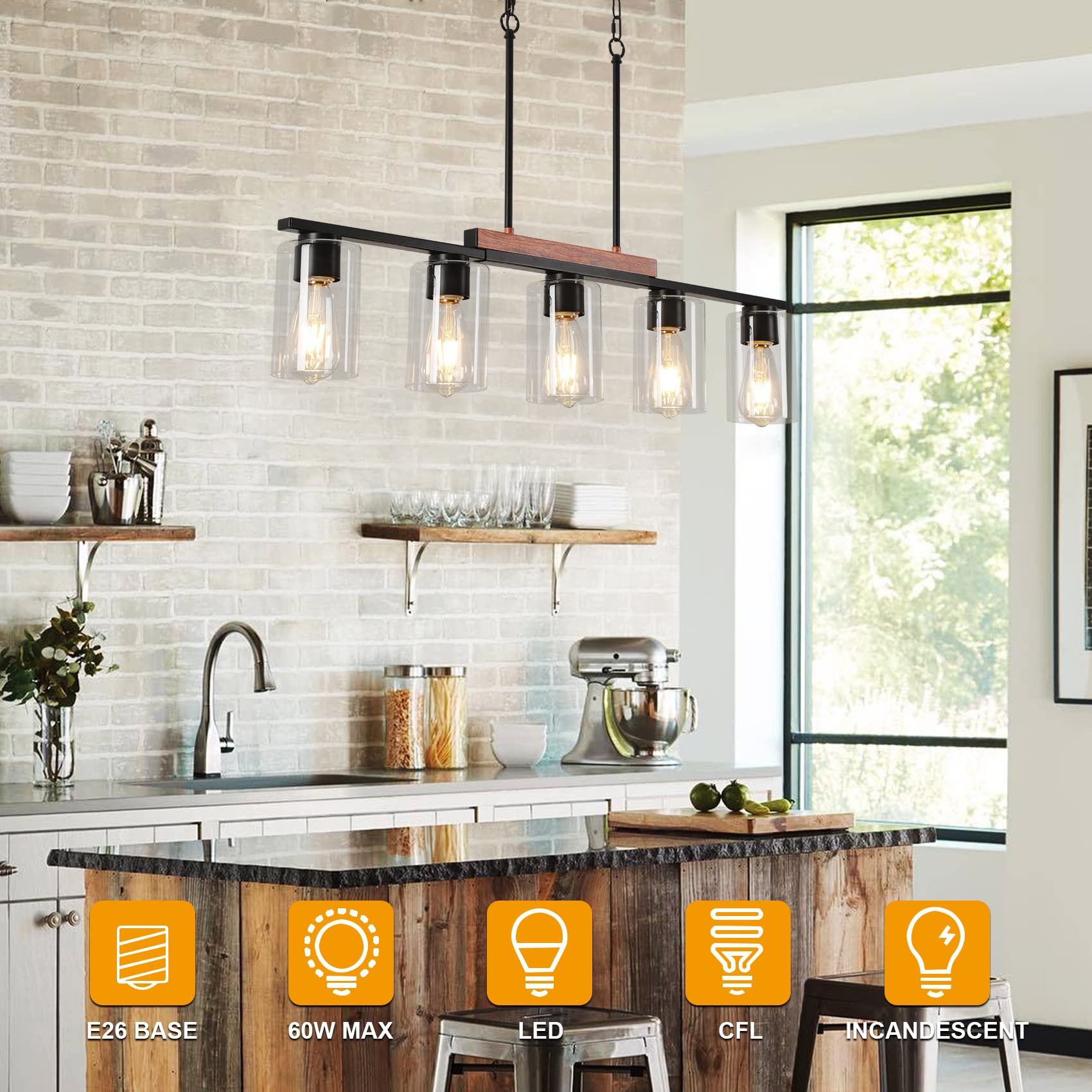 Wilon Kitchen Island Lighting, 5-Light Dining Room Light Fixture Over Table, Glass Shade Pendant Lighting For Kitchen Island Far