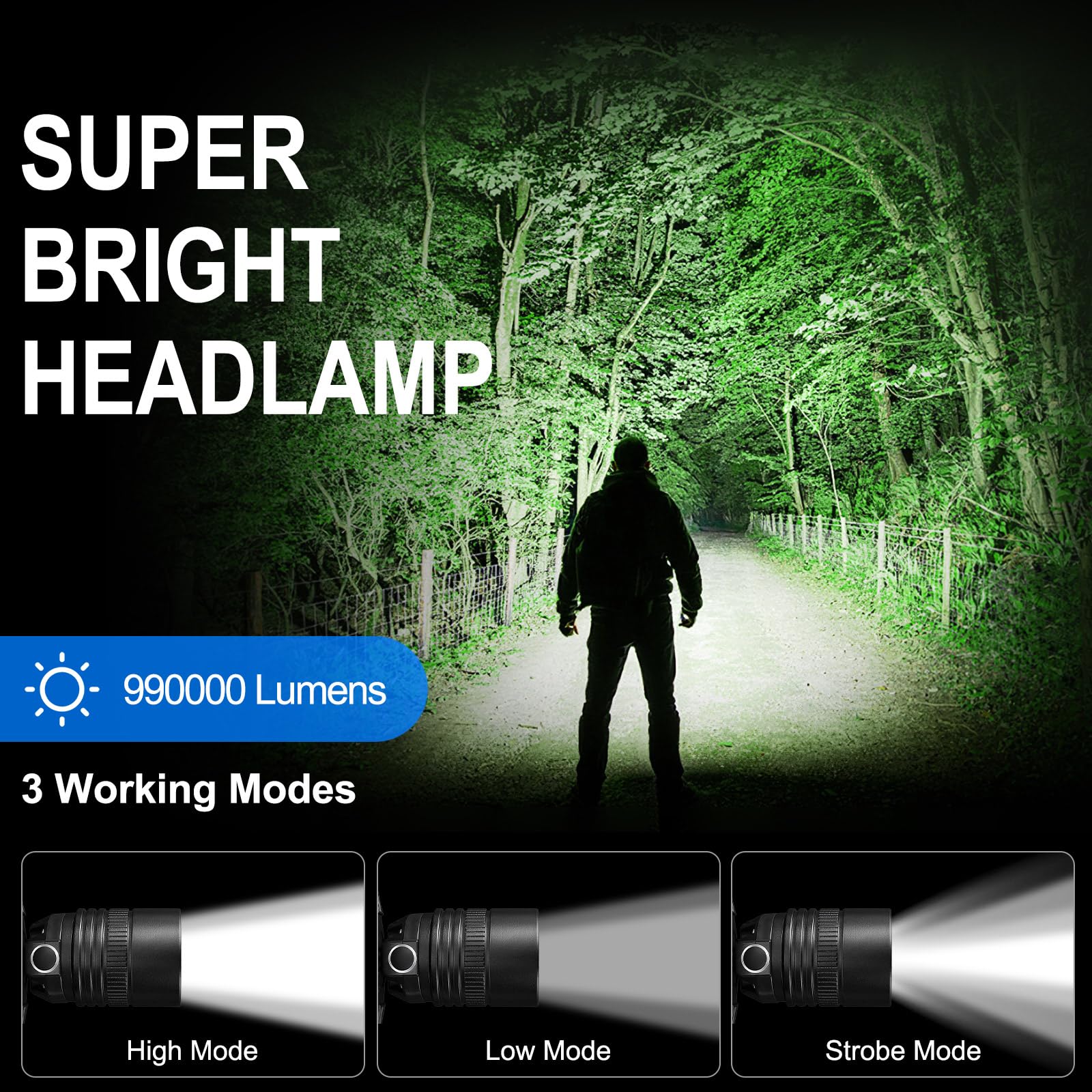 SKNSL Rechargeable Headlamp 99000 Lumens, 3 Modes, 90° Adjustable, IPX6 Waterproof, Black, Model P50, 2-Pack for Camping & Hiking