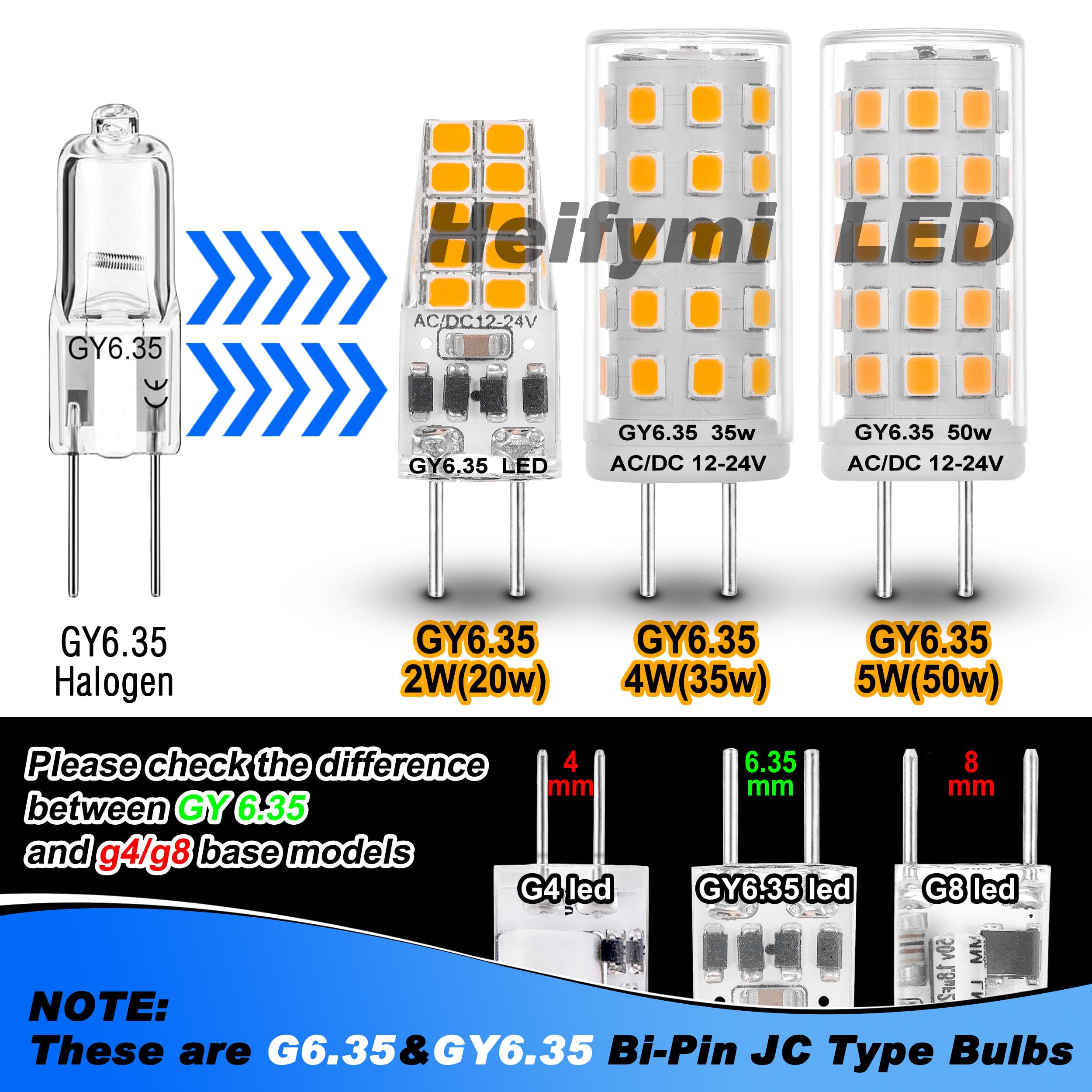 Heifymi Gy6.35 Led Bulb 2W Equivalent 20W Halogen Bulb 2700K Warm White Ac/Dc 12-24 Volt G6.35/Gy6.35 Bi-Pin Jc Type Bulb For La