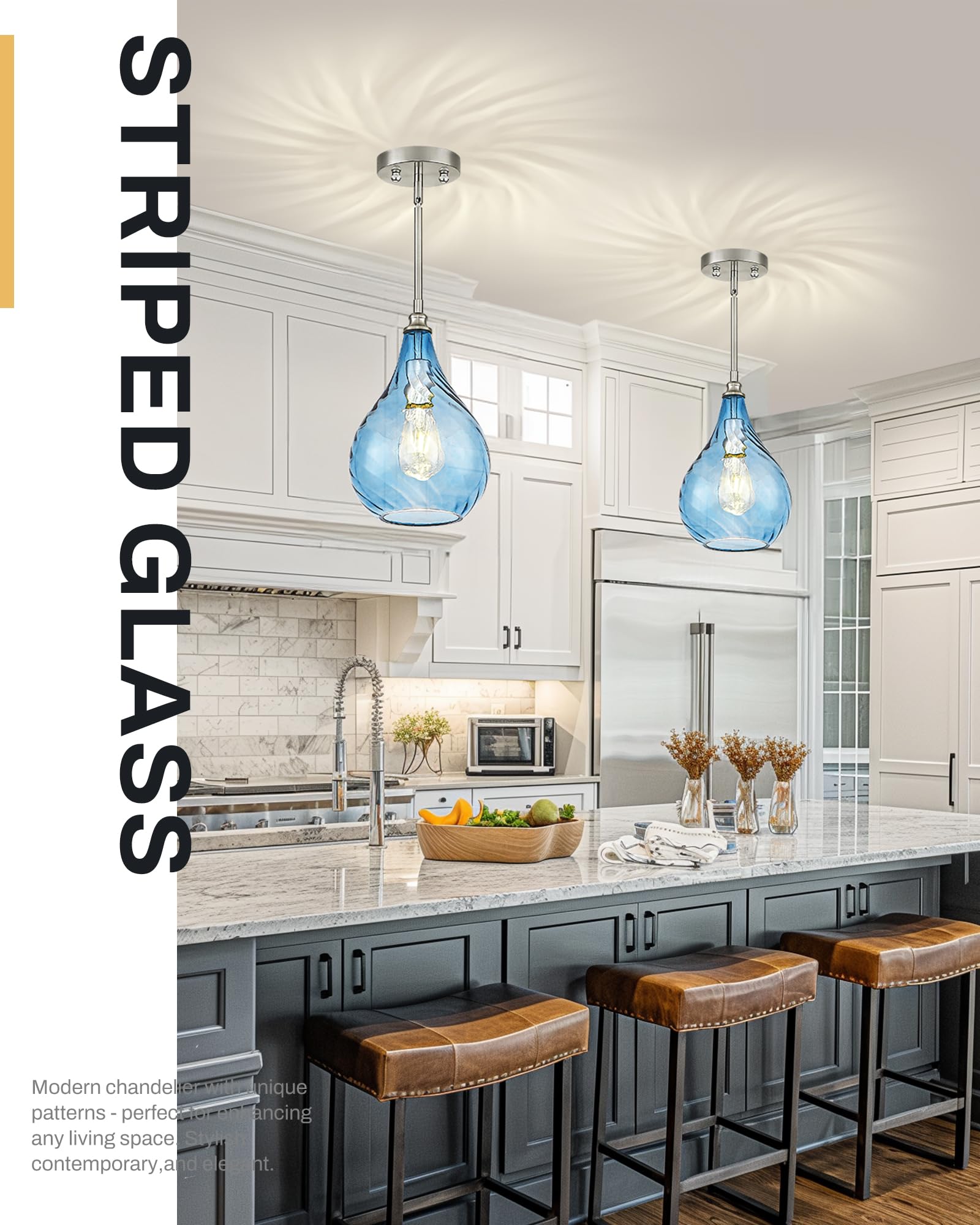 TENGXIN 8 Inch Brushed Nickel & Blue Glass Pendant Light for Kitchen Island, Model TXPLBN13-L