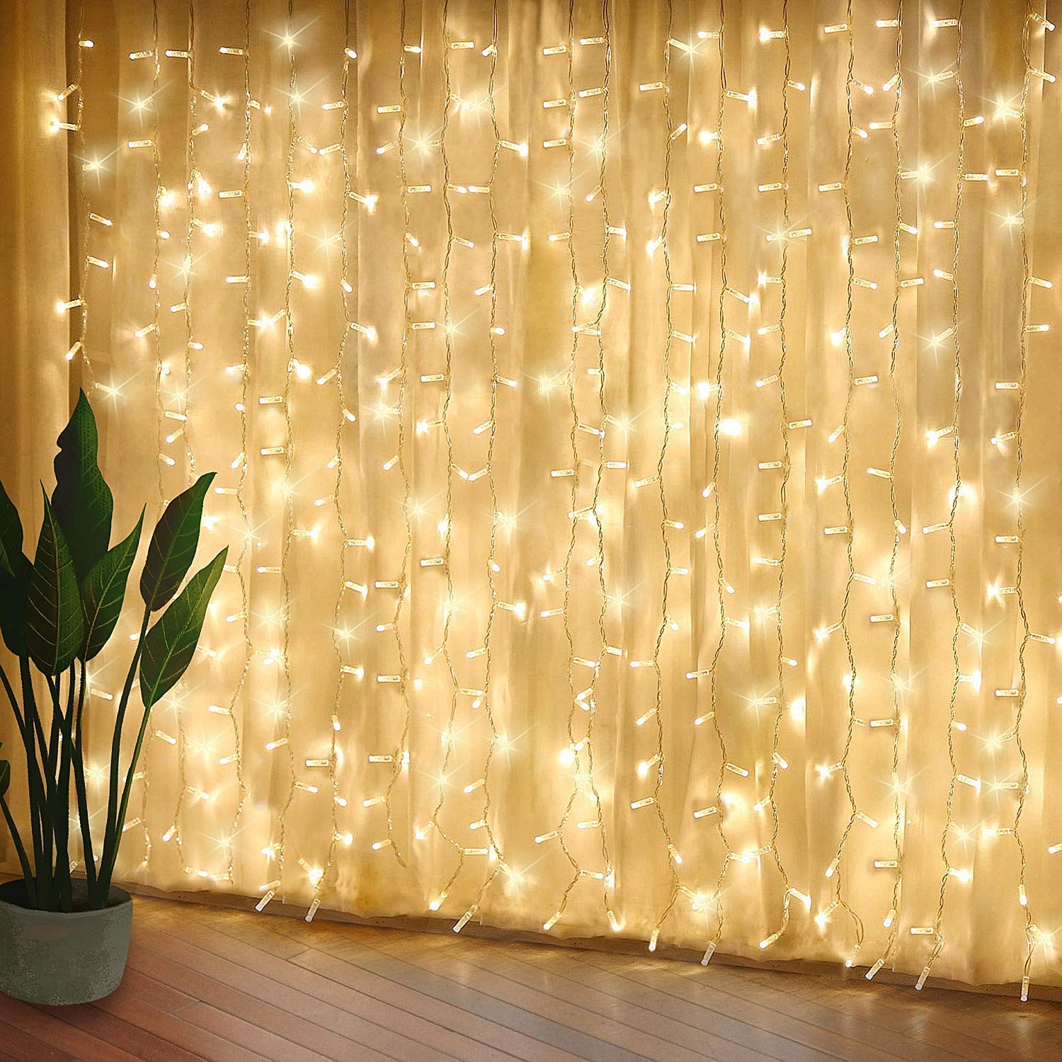 KPROE Curtain Lights, LED Fairy Lights with 8 Modes, Warm White, 6.8*6.8, Model JT-EL/FC300V0120-C, Copper Wire with