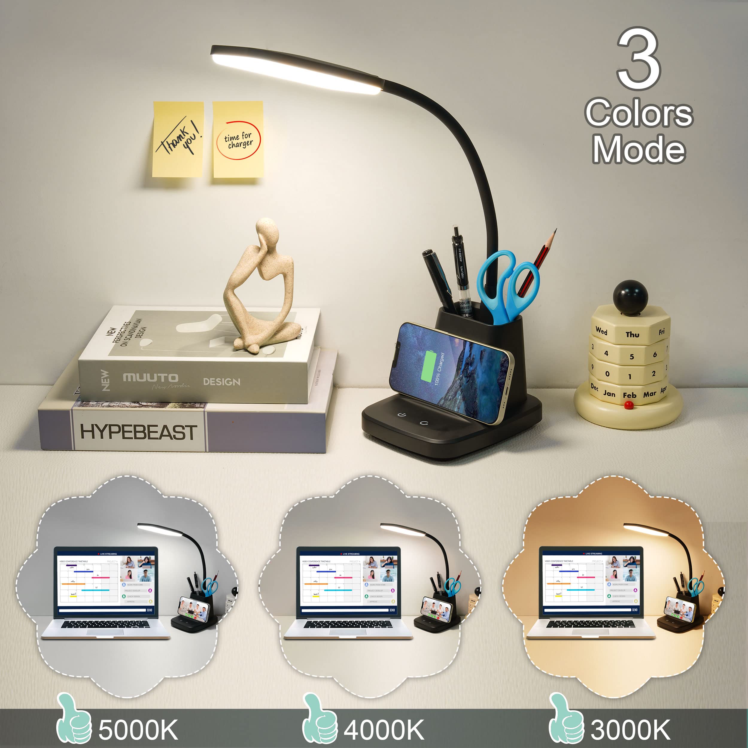 Sailstar LED Desk Lamp with Wireless Charger, 3 Color Modes, Stepless Dimming, Black, Acrylic, 800 Lumen, Ideal for Home Office and Dorm Room