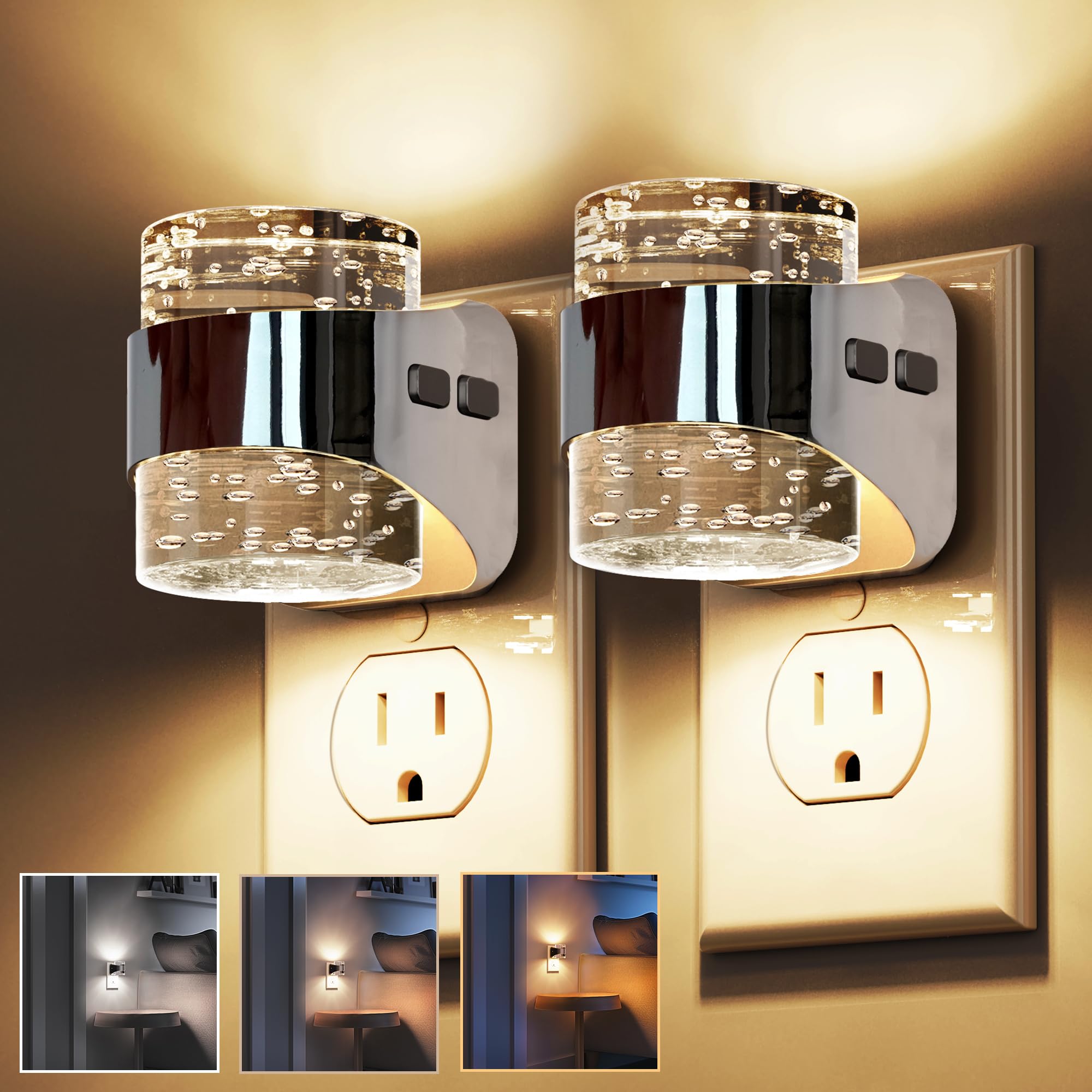 L LOHAS LED 2 Pack 3CCT Night Lights Plug into Wall  3000K/4000k/5000K Adjustable Color Temperature Night Light Bubble Nightlight with Dusk to Dawn Sensor for Rooms Bathroom Hallway