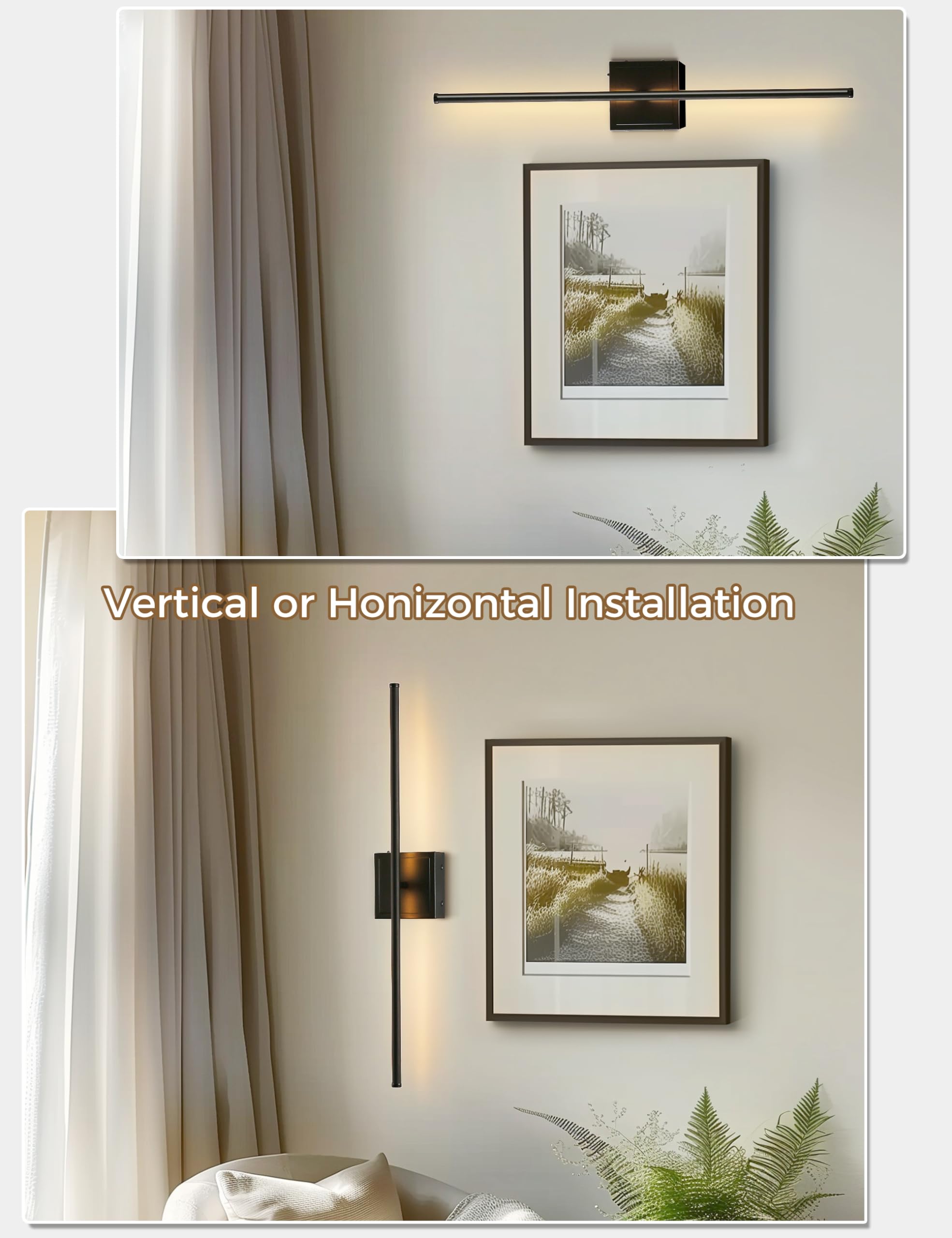 DORESshop Battery Operated Wall Sconces Set of 2, Dimmable, 28.1 Inch, Black, Wireless with Remote Control, 350° Rotate